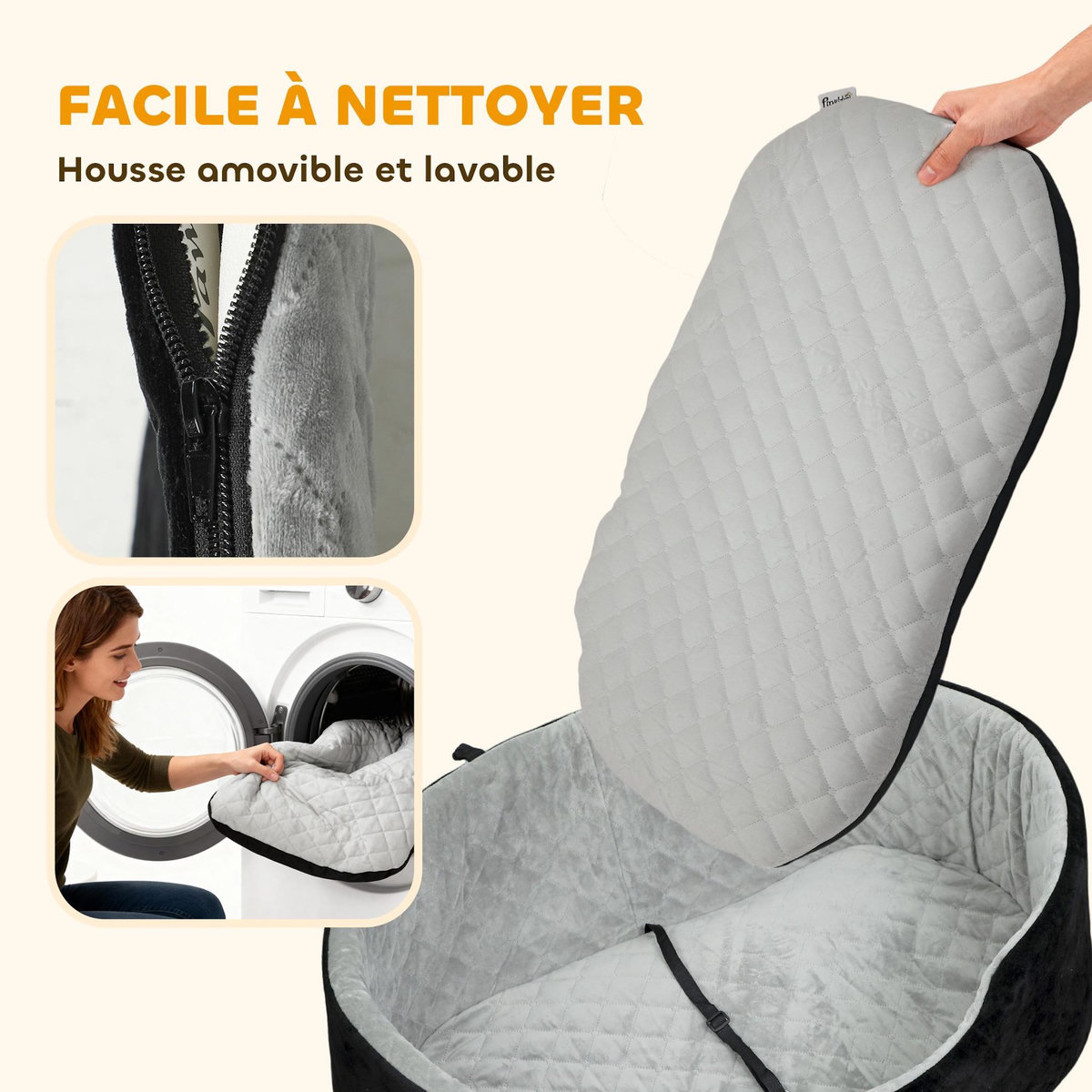 PAWHUT Siège auto chien grand confort avec coussin déhoussable - réglable, attache - polyester noir velours gris