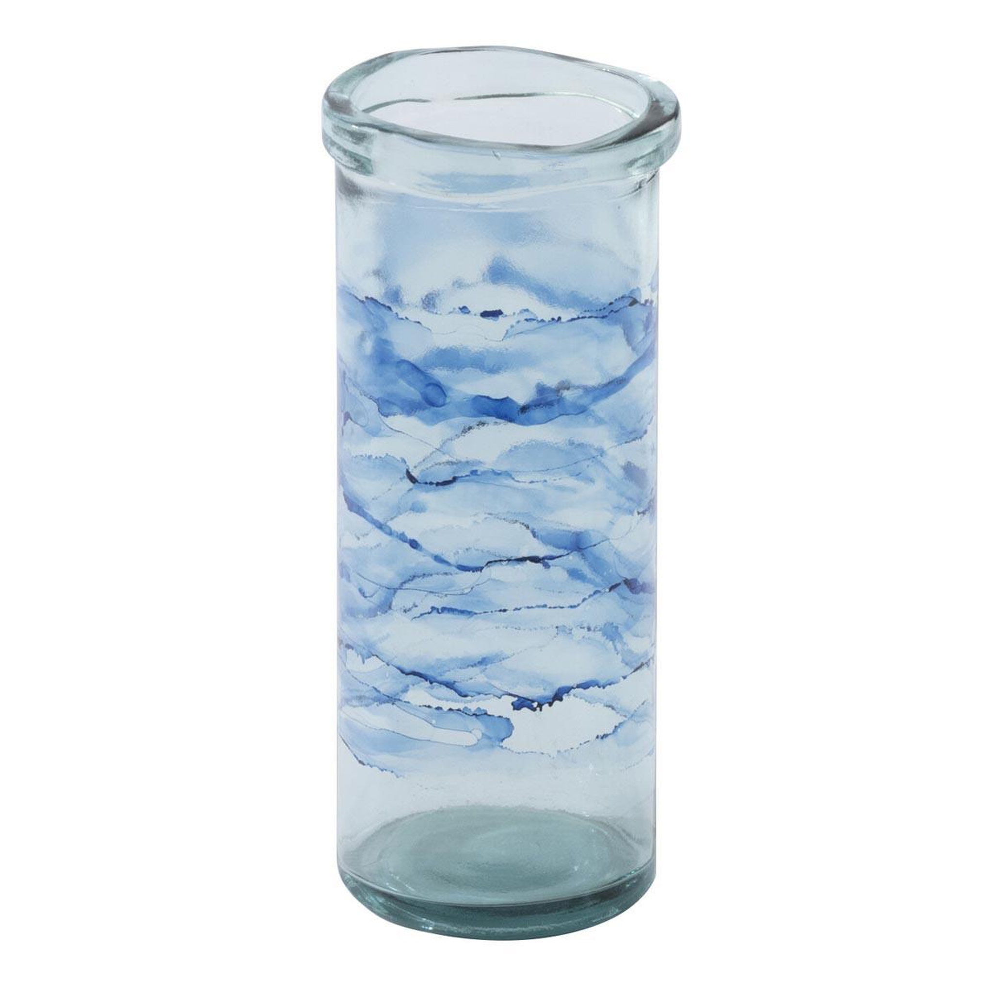 J-LINE Photophore Cylindre en Verre  Vague  36cm Bleu