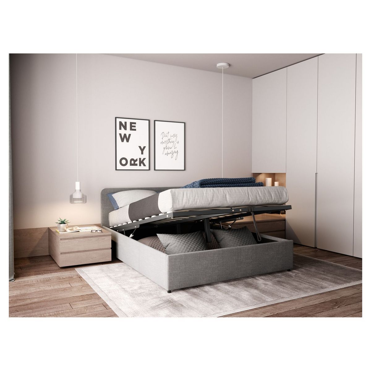 Lit coffre avec sommier relevable et tête de lit arrondie en tissu 160x200 cm CARVOEIRO