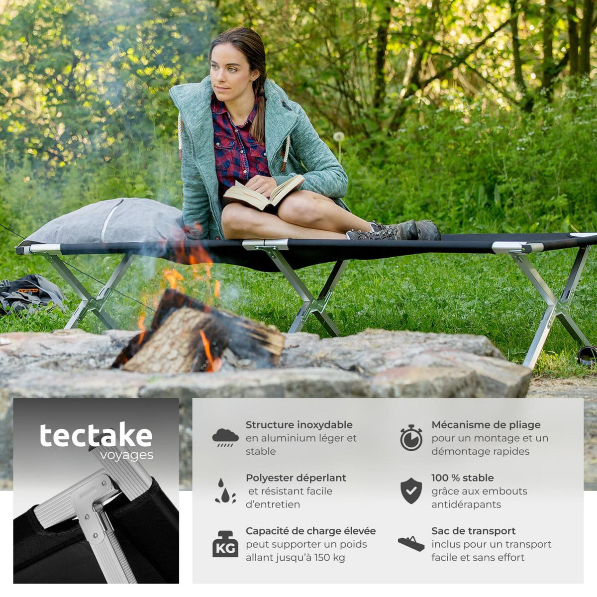 tectake Lit de camp avec cadre en aluminium noir