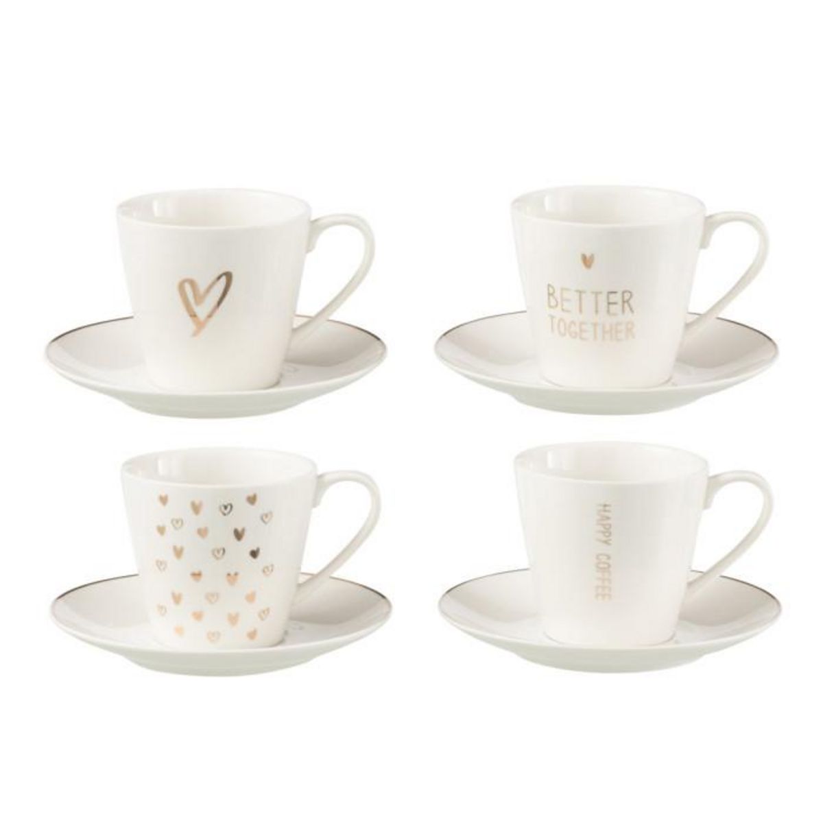 Paris Prix Lot de 4 Tasses à Thé & Sous-Tasses  Cœur  22cl Blanc