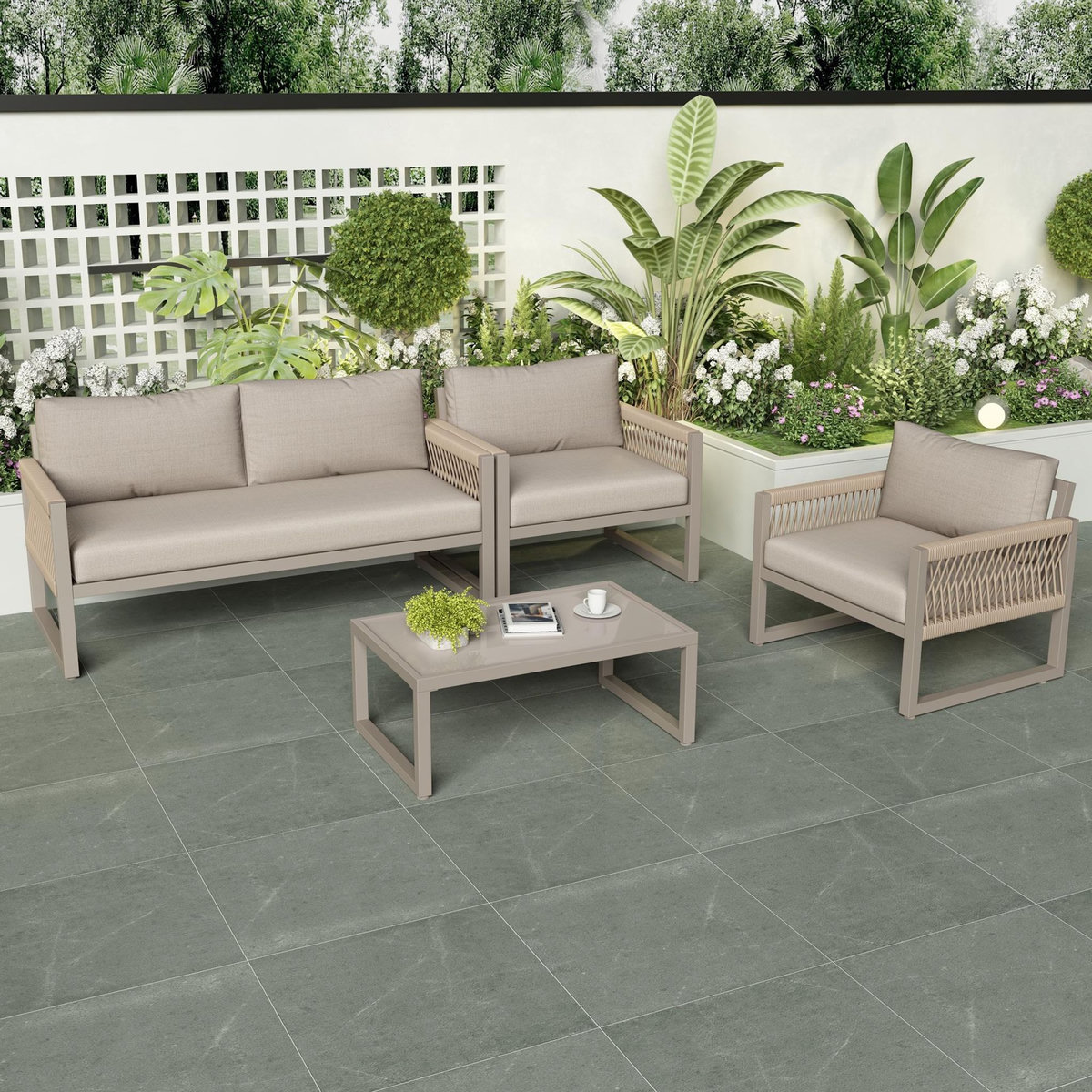 MERAX Salon de jardin 4 places en acier avec table verre lisse, pieds réglables, coussins