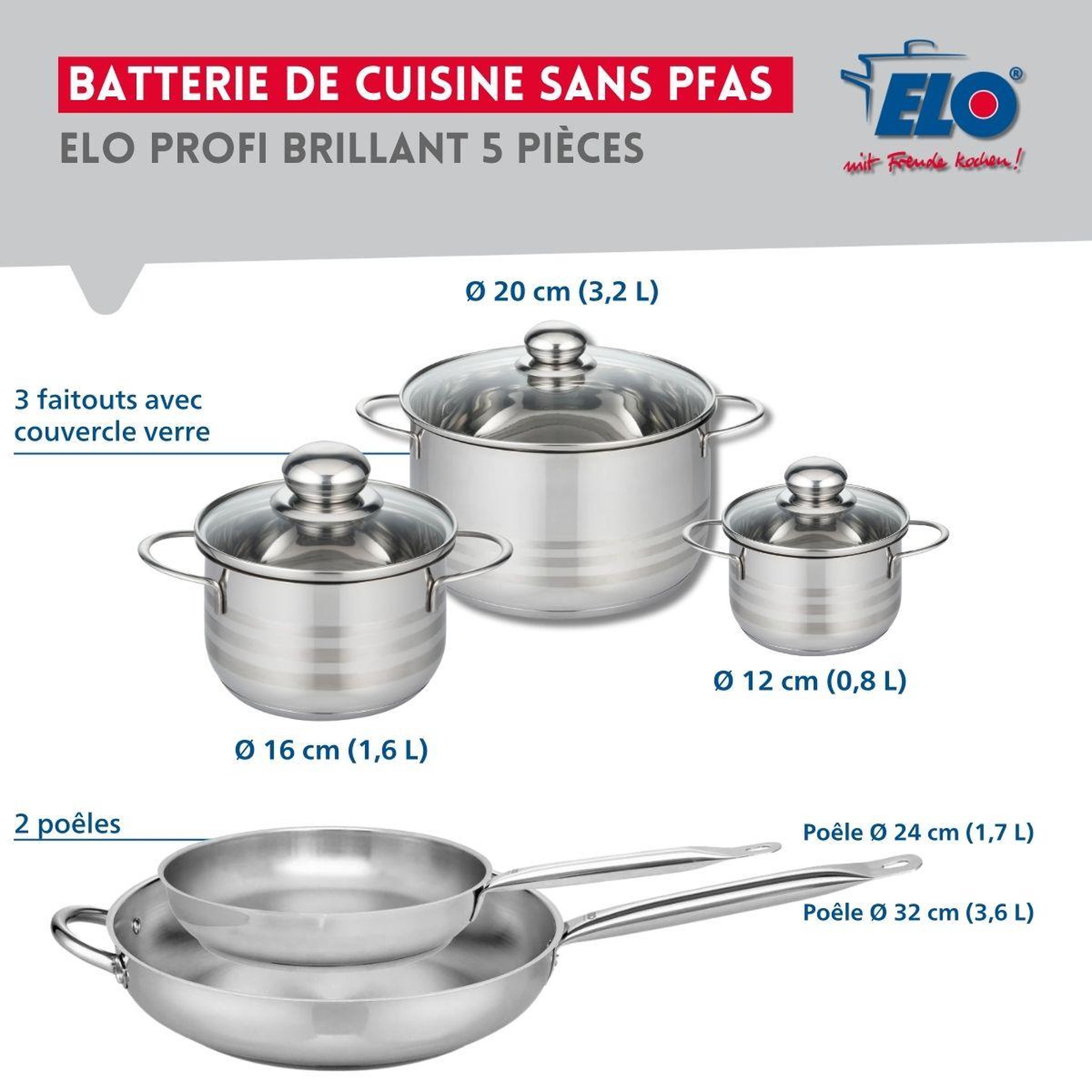Voir la diapositive 2 : ELO Ensemble de 2 poêles de cuisson 24 et 32 cm et 3 faitouts 12, 16 et 20 cm elo profi brillant