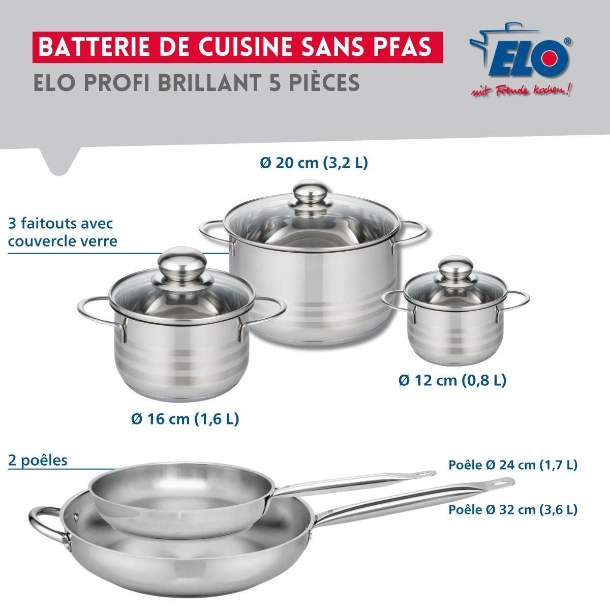 ELO Ensemble de 2 Poêles de cuisson 24 et 32 cm et 3 faitouts 12, 16 et 20 cm Elo Profi Brillant