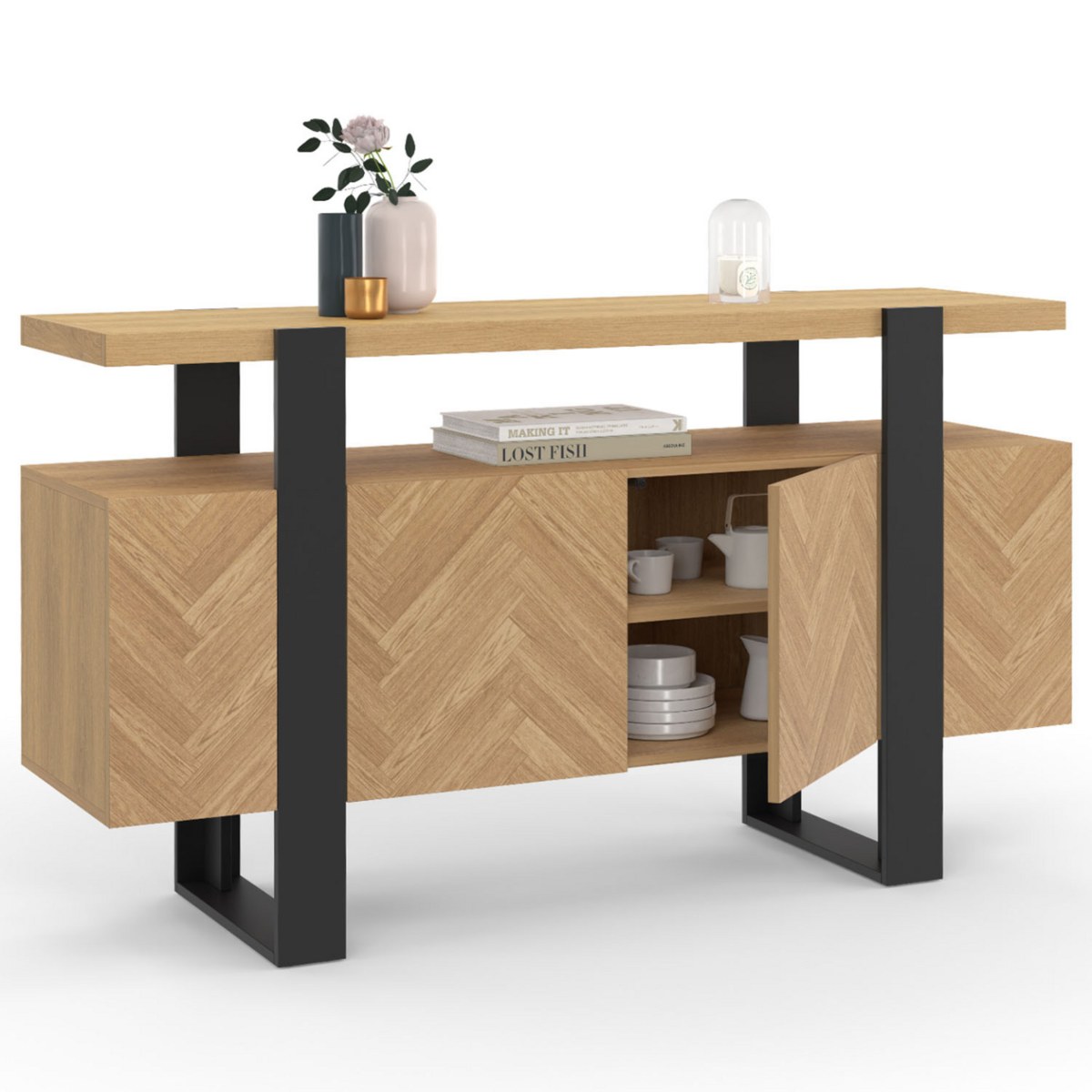 ID MARKET Buffet 140 cm CASSIUS 4 portes effet chevrons et noir