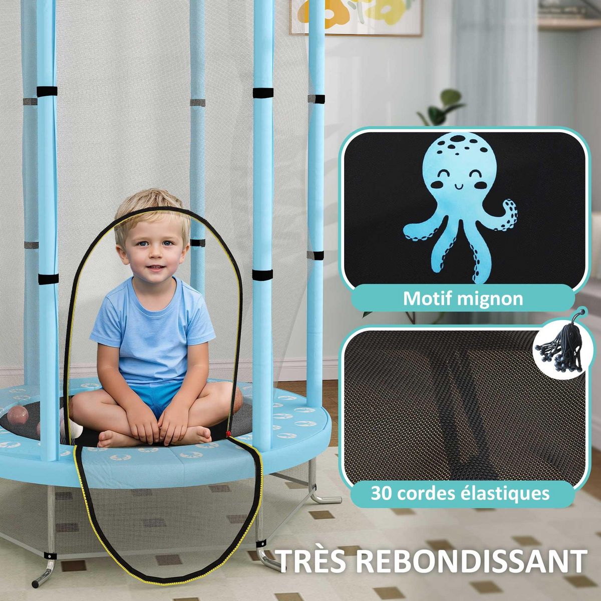HOMCOM Trampoline enfant Ø140 cm - filet sécurité, porte zippée, 6 poteaux rembourrés - bleu ciel
