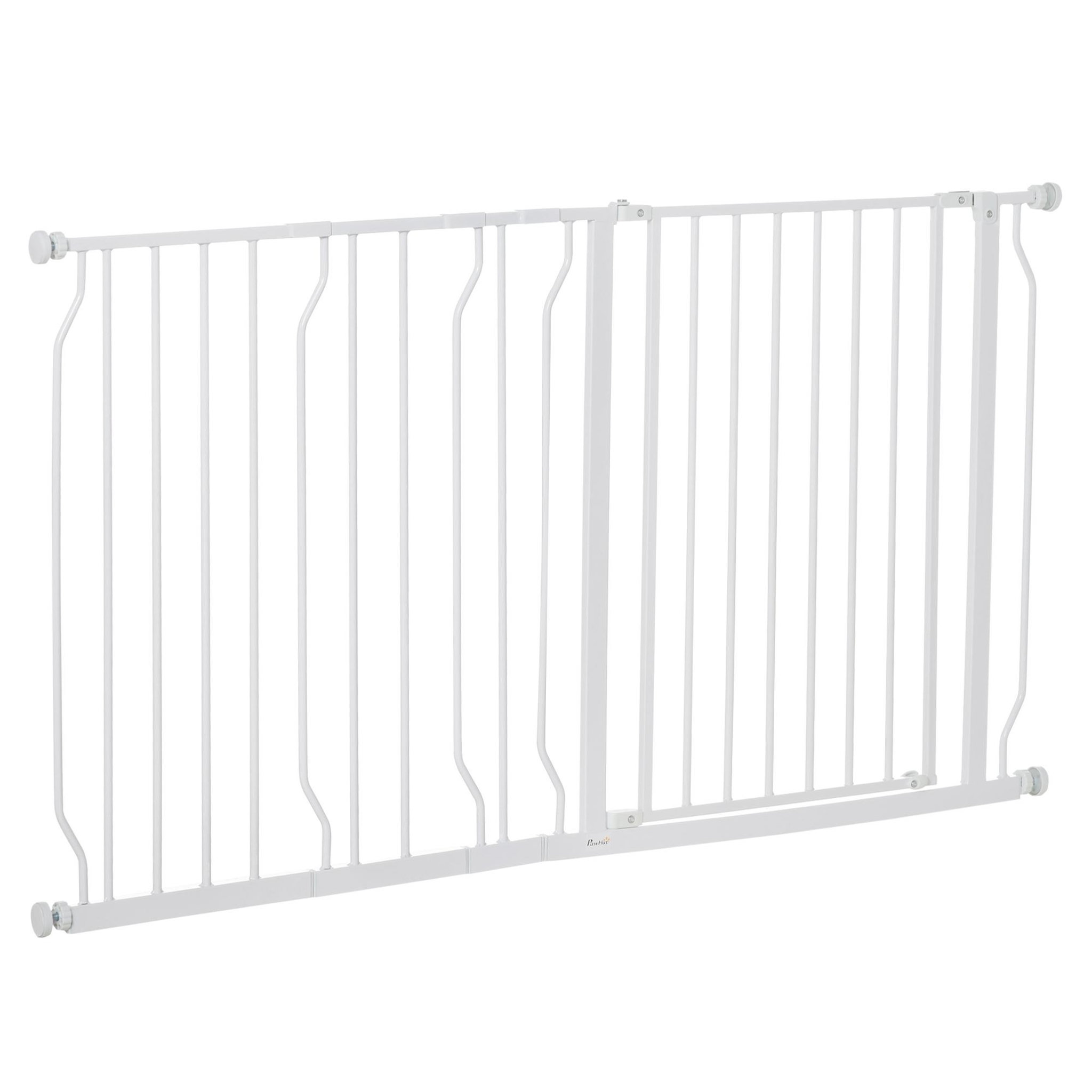 PAWHUT Barrière de sécurité animaux - longueur réglable dim. 75-145 cm - porte double verrouillage, ouverture double sens -sans perçage - acier abs blanc