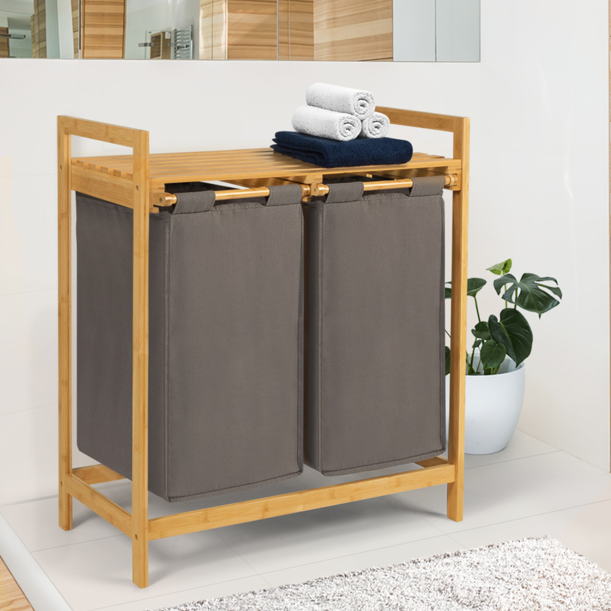 Voir la diapositive 2 : ID MARKET Panier à linge 2 bacs bambou bea tissu gris foncé