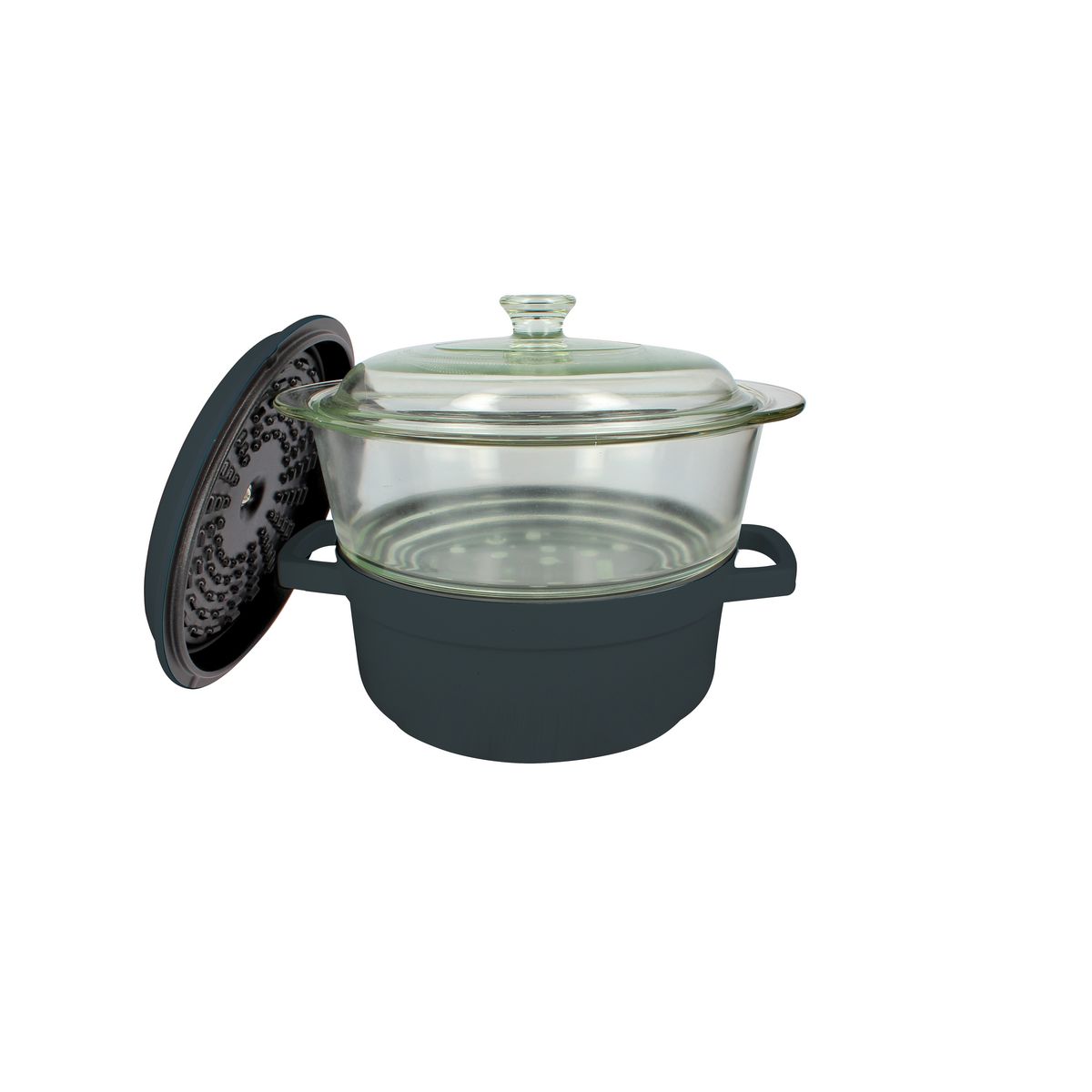 Cocotte et couvercle en fonte d'aluminium 24 cm gris anthracite + panier vapeur et couvercle en verre