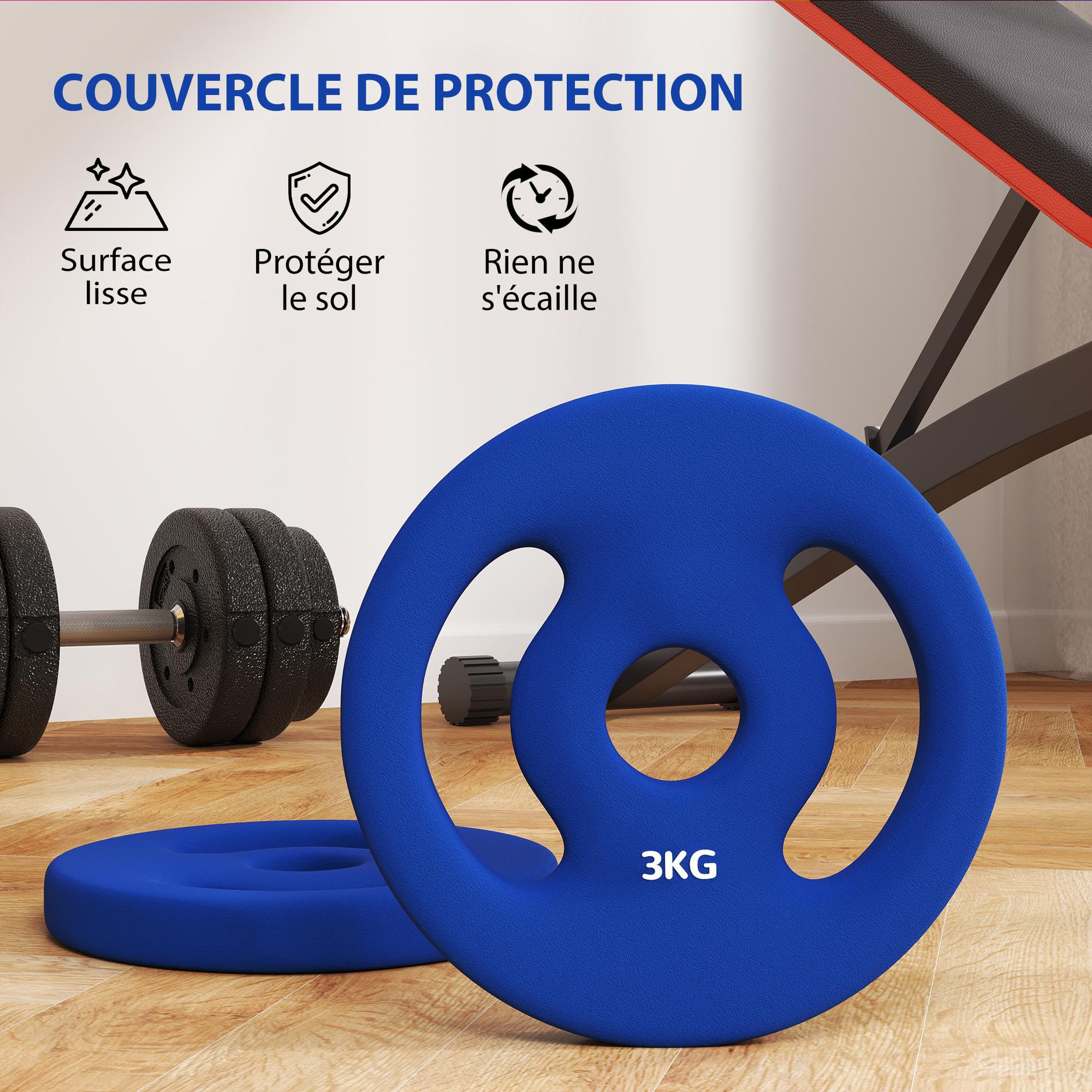 Voir la diapositive 6 : HOMCOM Disques de musculation - lot de 2 disques - total 6 Kg - diamètre intérieur 25 mm - métal PVC bleu