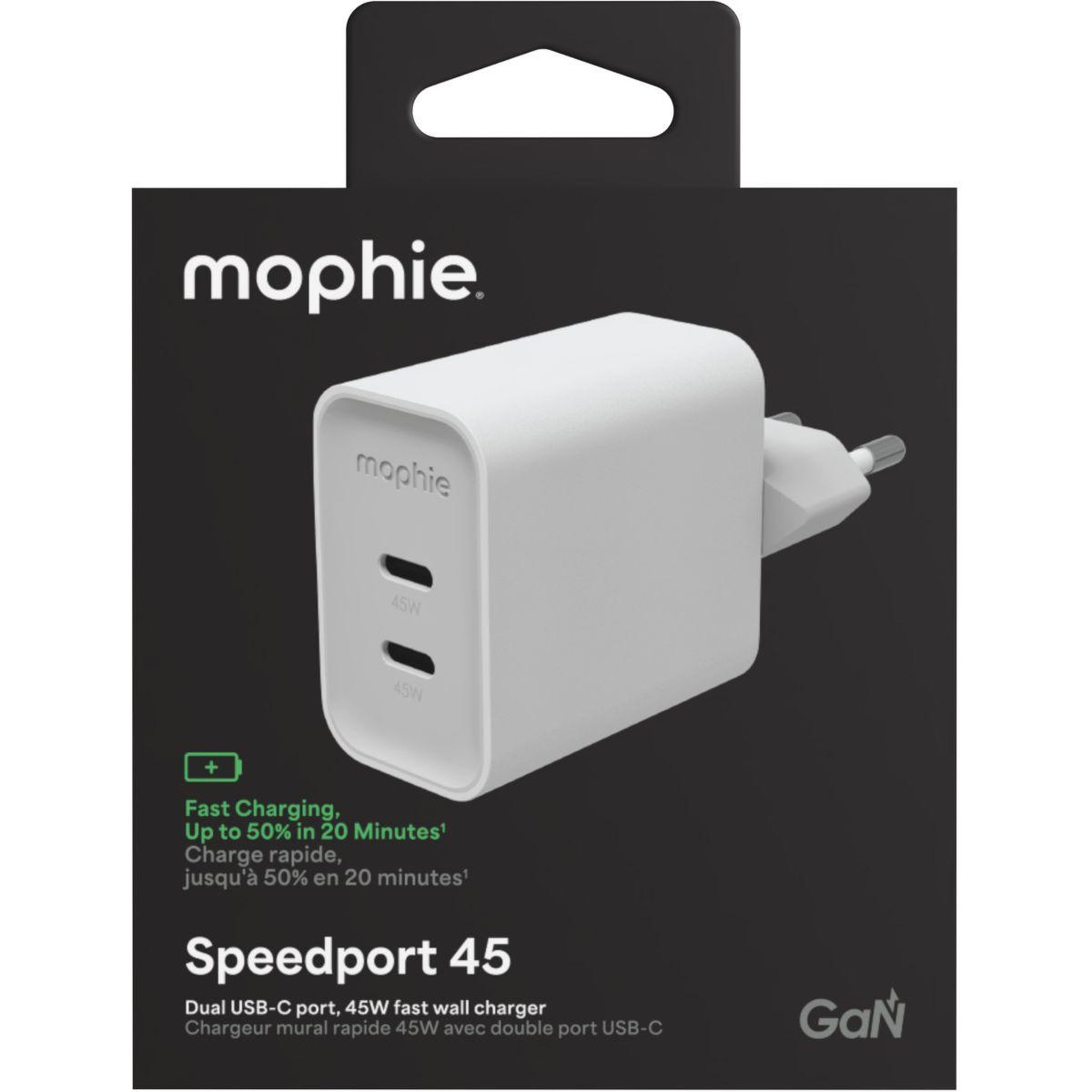 Mophie Chargeur secteur 45w gan usb-c x 2 power delivery blanc
