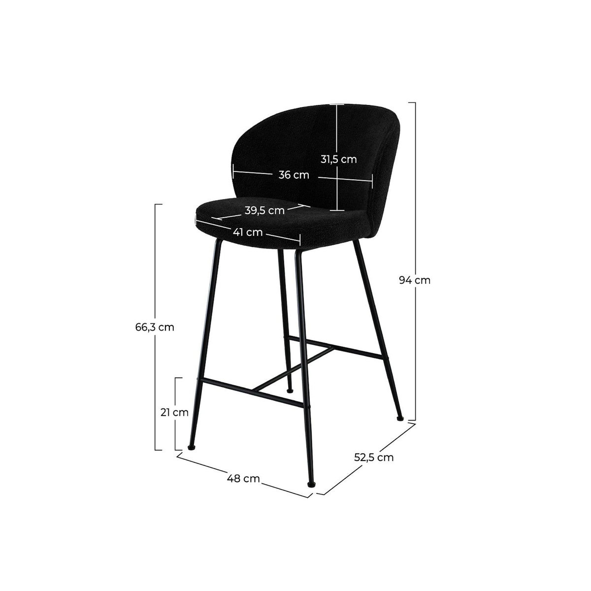 Rendez vous déco Lot de 2 chaises pour îlot central 66,3 cm en tissu bouclé noir-Groom