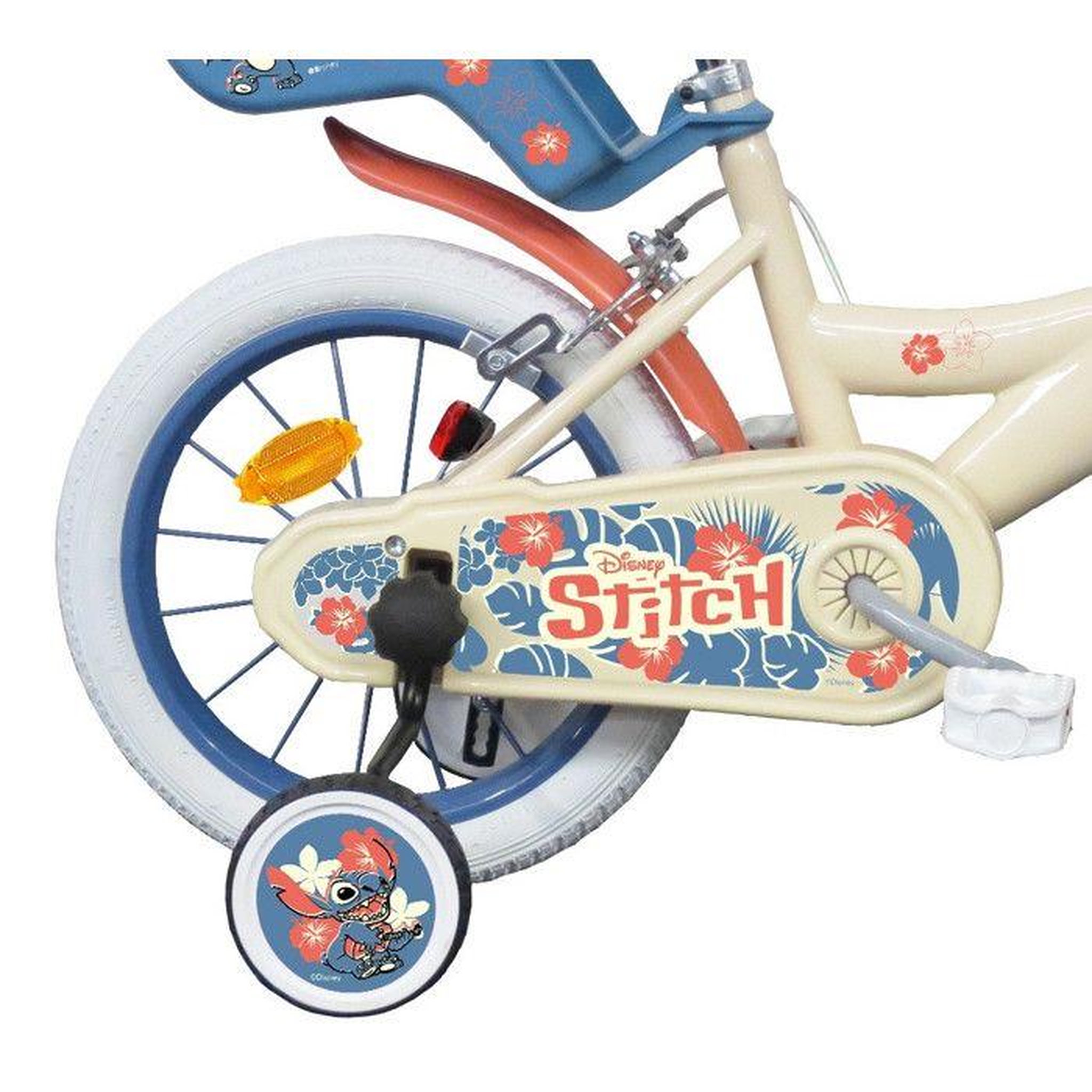 Voir la diapositive 2 : DISNEY Vélo enfant  - Modèle 14'' STITCH / DISNEY (Taille de l'enfant 90 cm à 105 cm) équipé de 2 freins, panier, porte poupée et stabilisateurs.