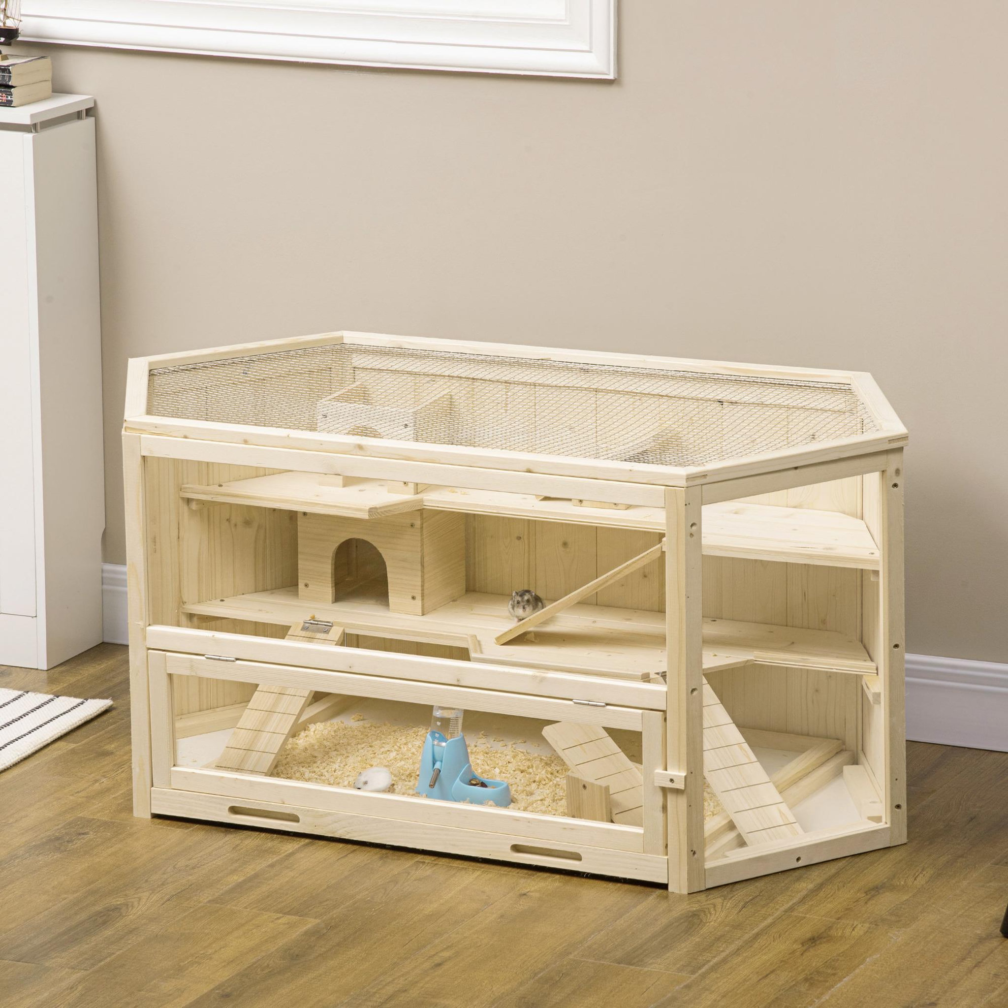 Voir la diapositive 4 : PAWHUT Cage pour hamster 2 étages dim. 115x60x55cm bascules biberon eau fenêtres cabanes toit ouvrable plateau déjection bois