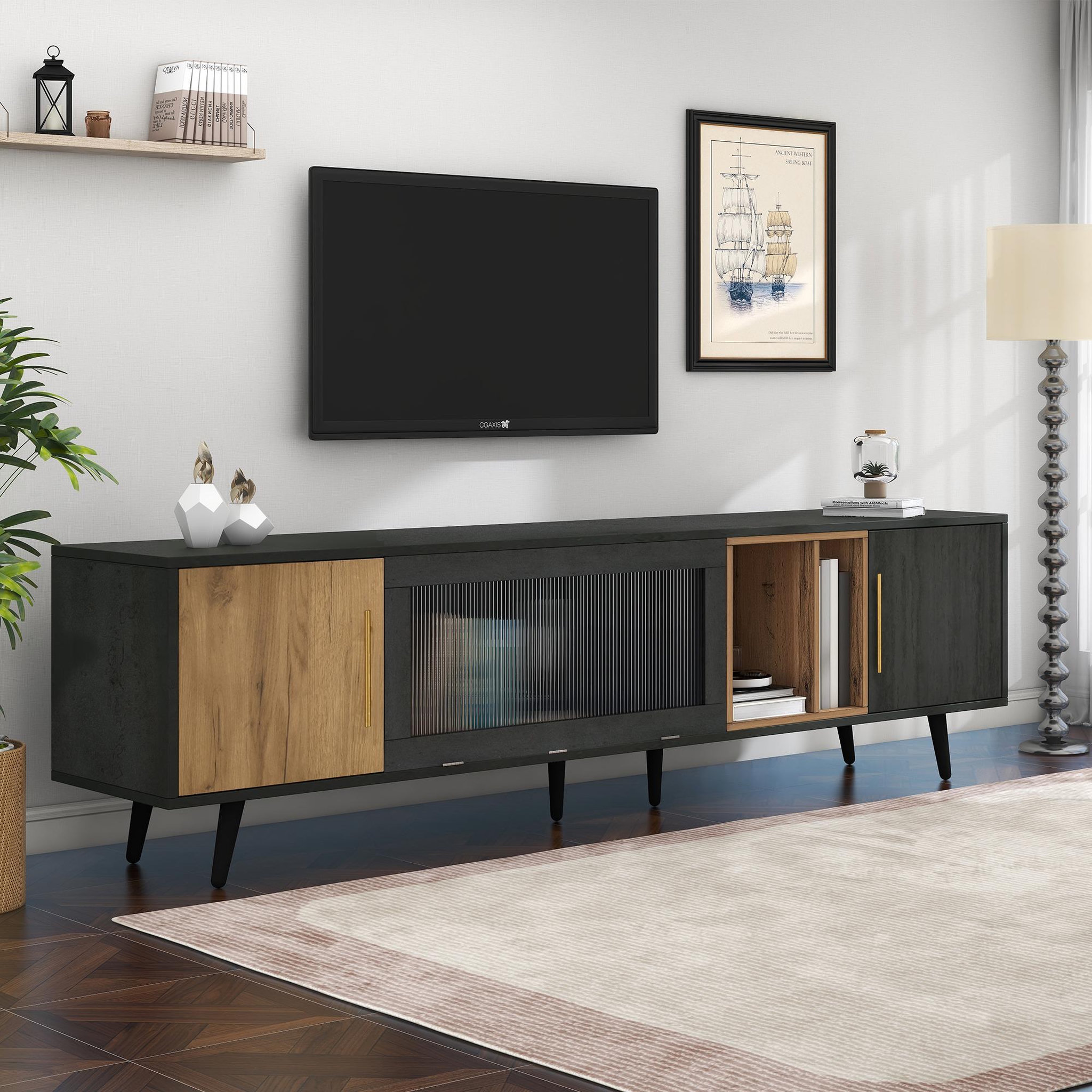Voir la diapositive 4 : MERAX Meuble tv noir+naturel 200 cm mdf