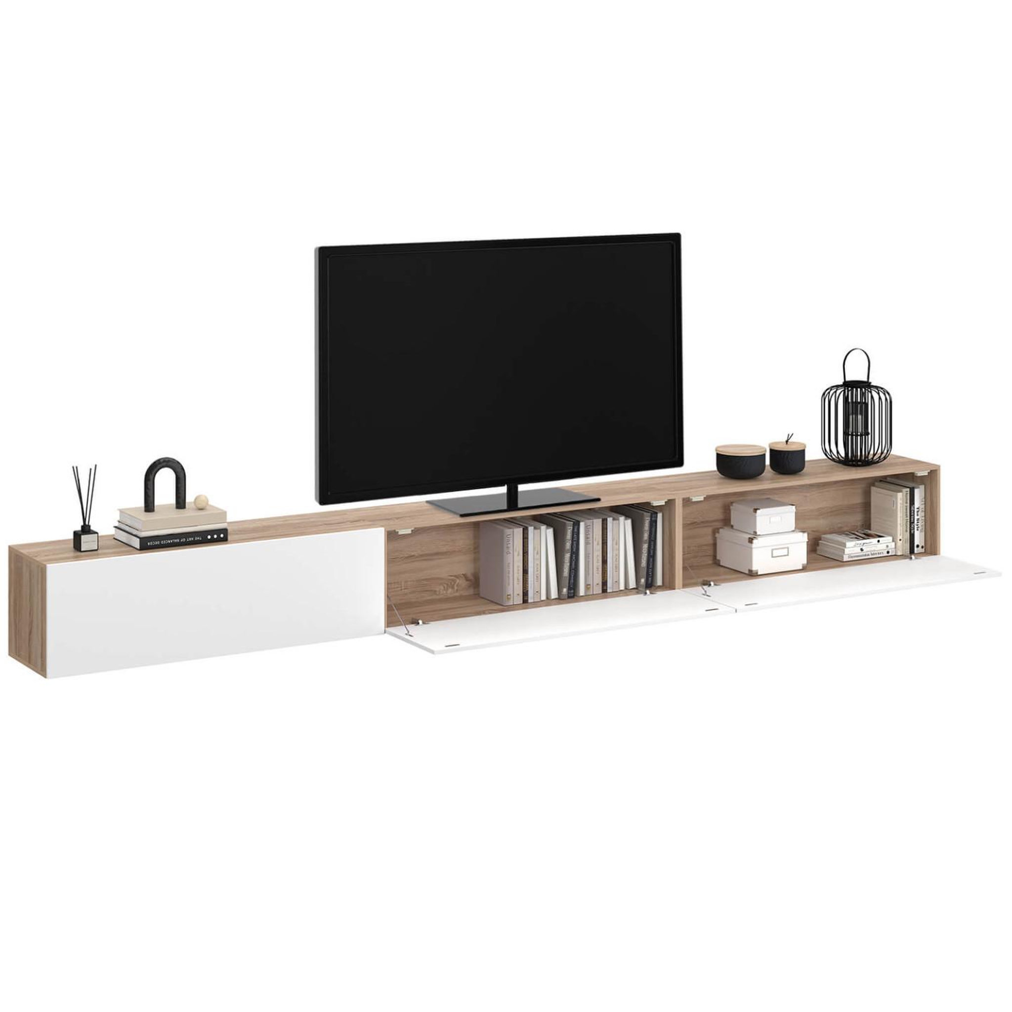Voir la diapositive 4 : ID MARKET Meuble tv 300 cm suspendu elio 3 portes bois et blanc