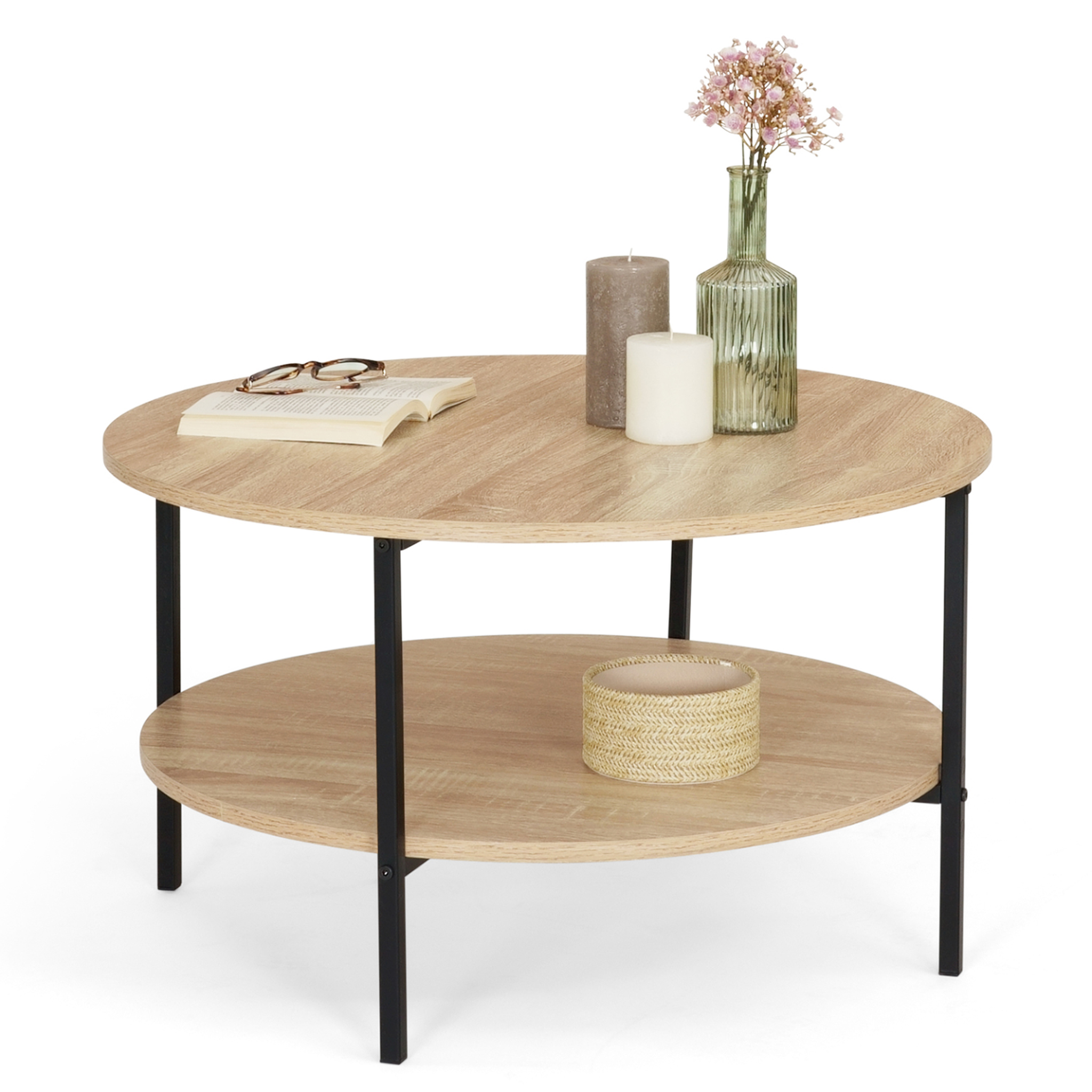 ID MARKET Table basse double plateau rond detroit 70 cm design industriel