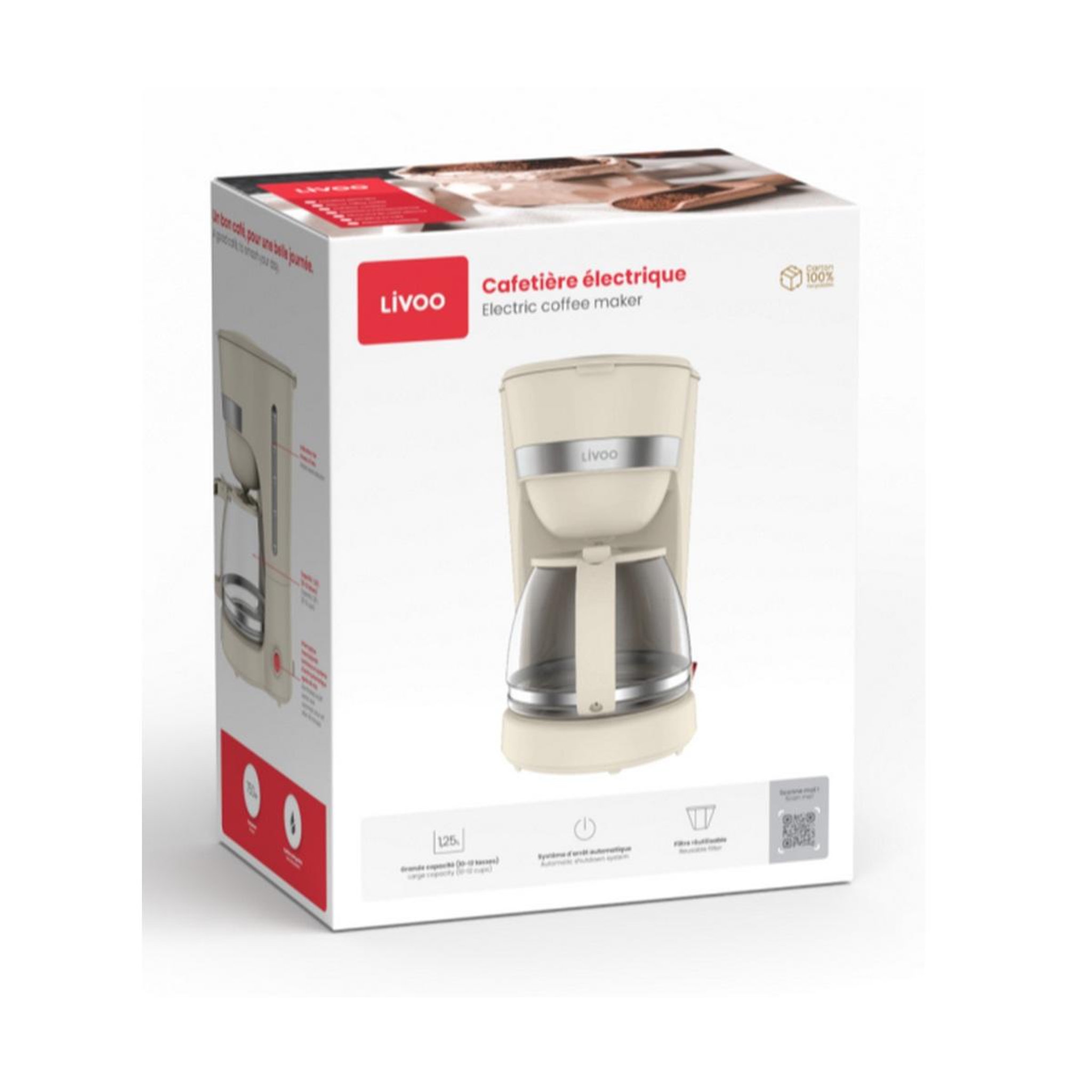 Voir la diapositive 5 : LIVOO Cafetière filtre 12 tasses 1.25l 750w - dod200c