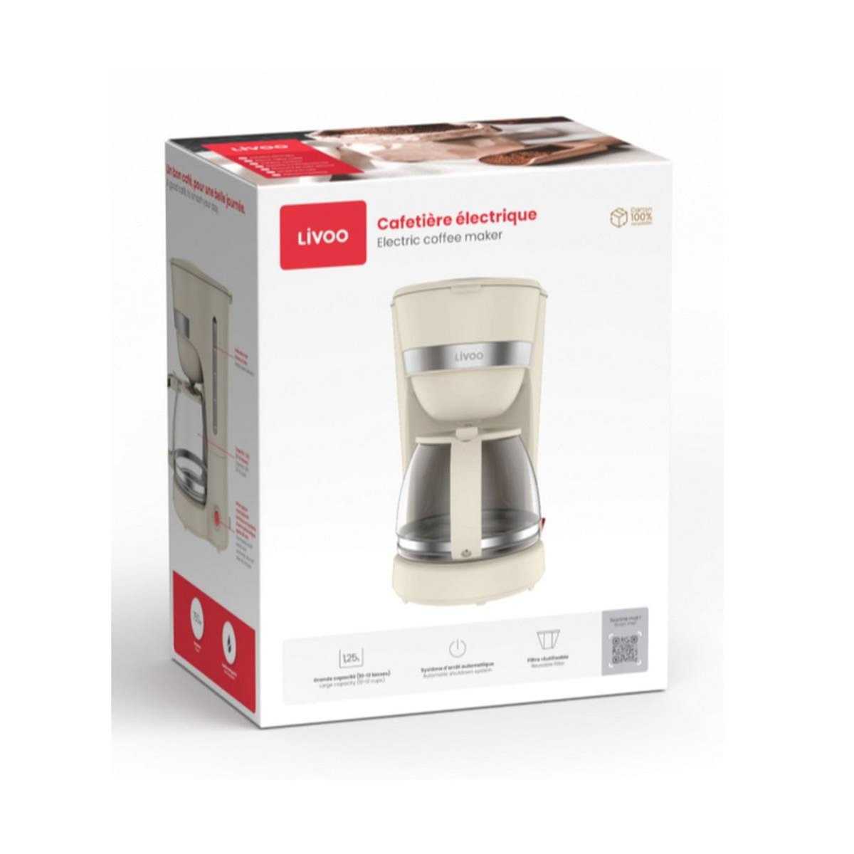 LIVOO Cafetière filtre 12 tasses 1.25l 750w - DOD200C