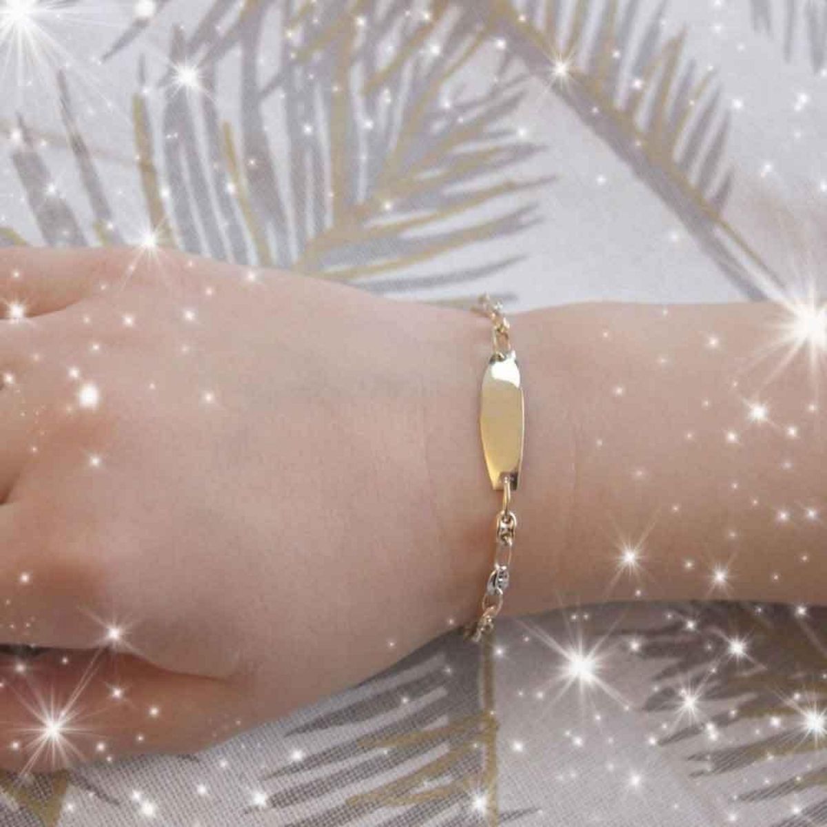 L'ATELIER D'AZUR Bracelet Enfant Or Bicolore - Jaune et Blanc - Gourmette - Maille Grain de Café - Gravure Offerte