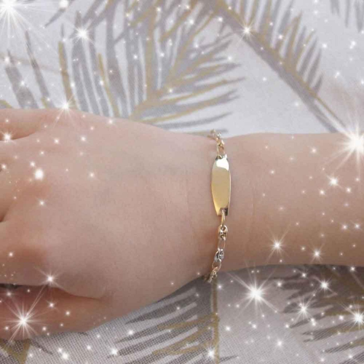 L'ATELIER D'AZUR Bracelet Enfant Or Bicolore - Jaune et Blanc - Gourmette - Maille Grain de Café - Gravure Offerte