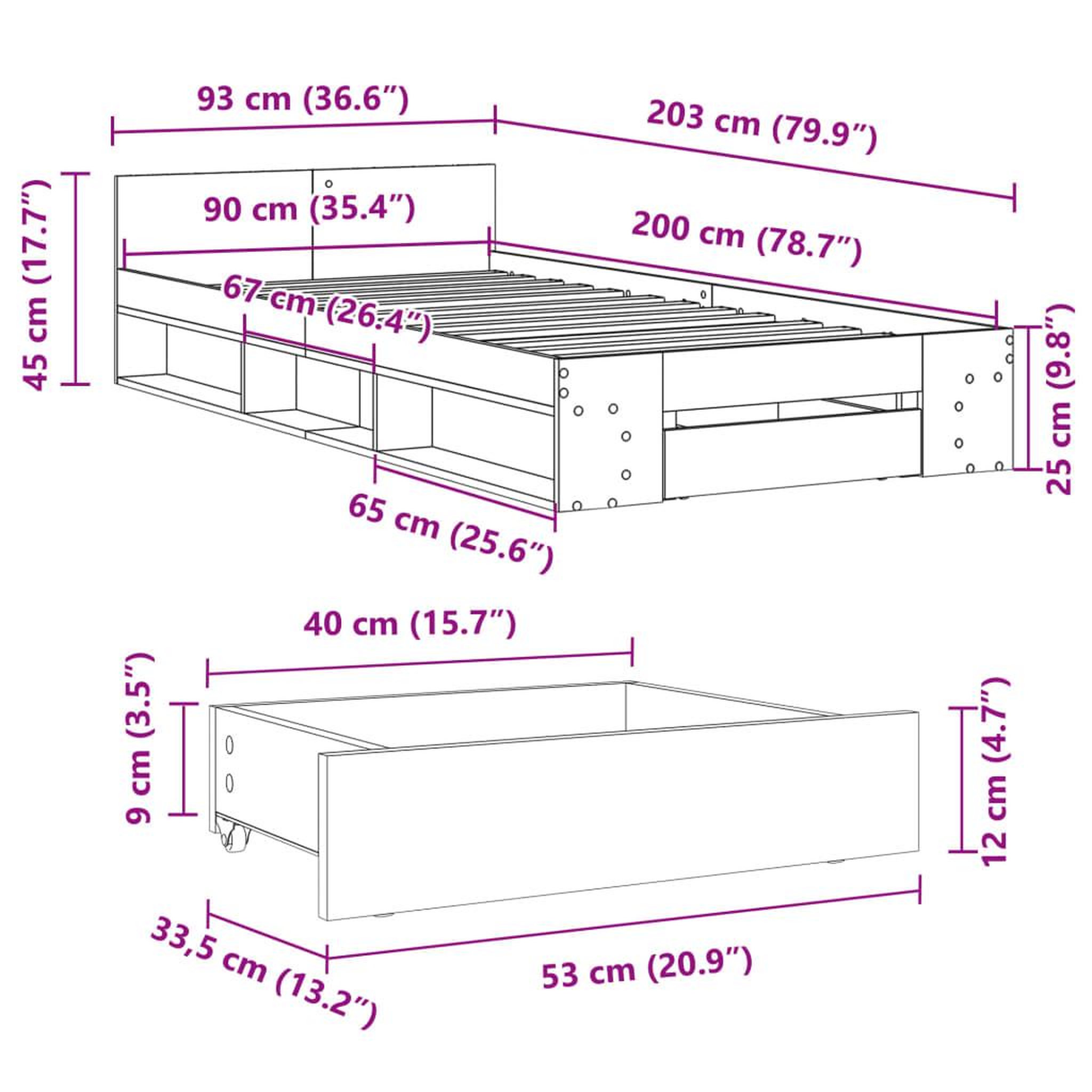 Voir la diapositive 6 : VIDAXL Cadre de lit avec tiroir sans matelas gris beton 90x200 cm
