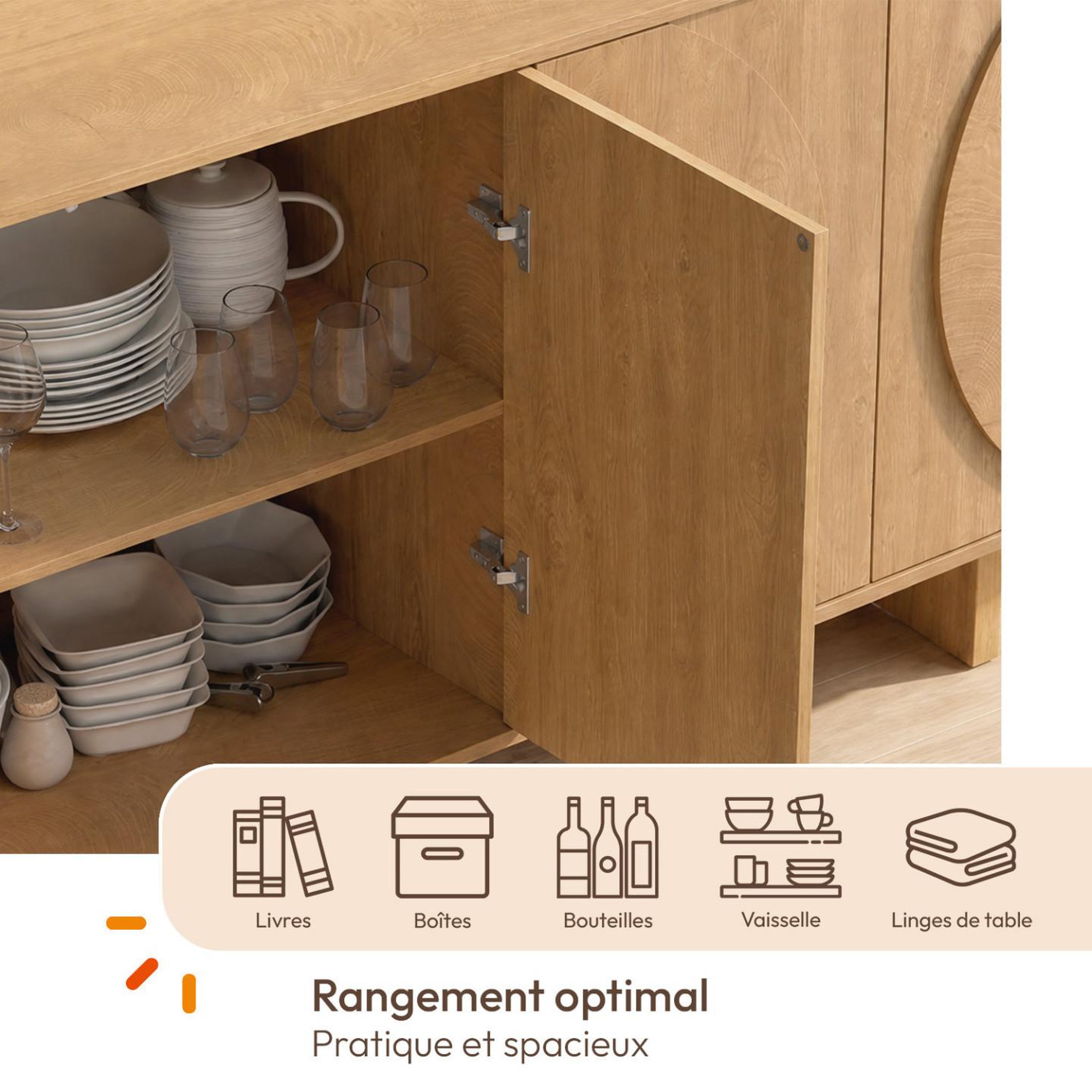 Voir la diapositive 4 : ID MARKET Buffet 160 cm ARVIN 4 portes avec reliefs arrondis bois clair