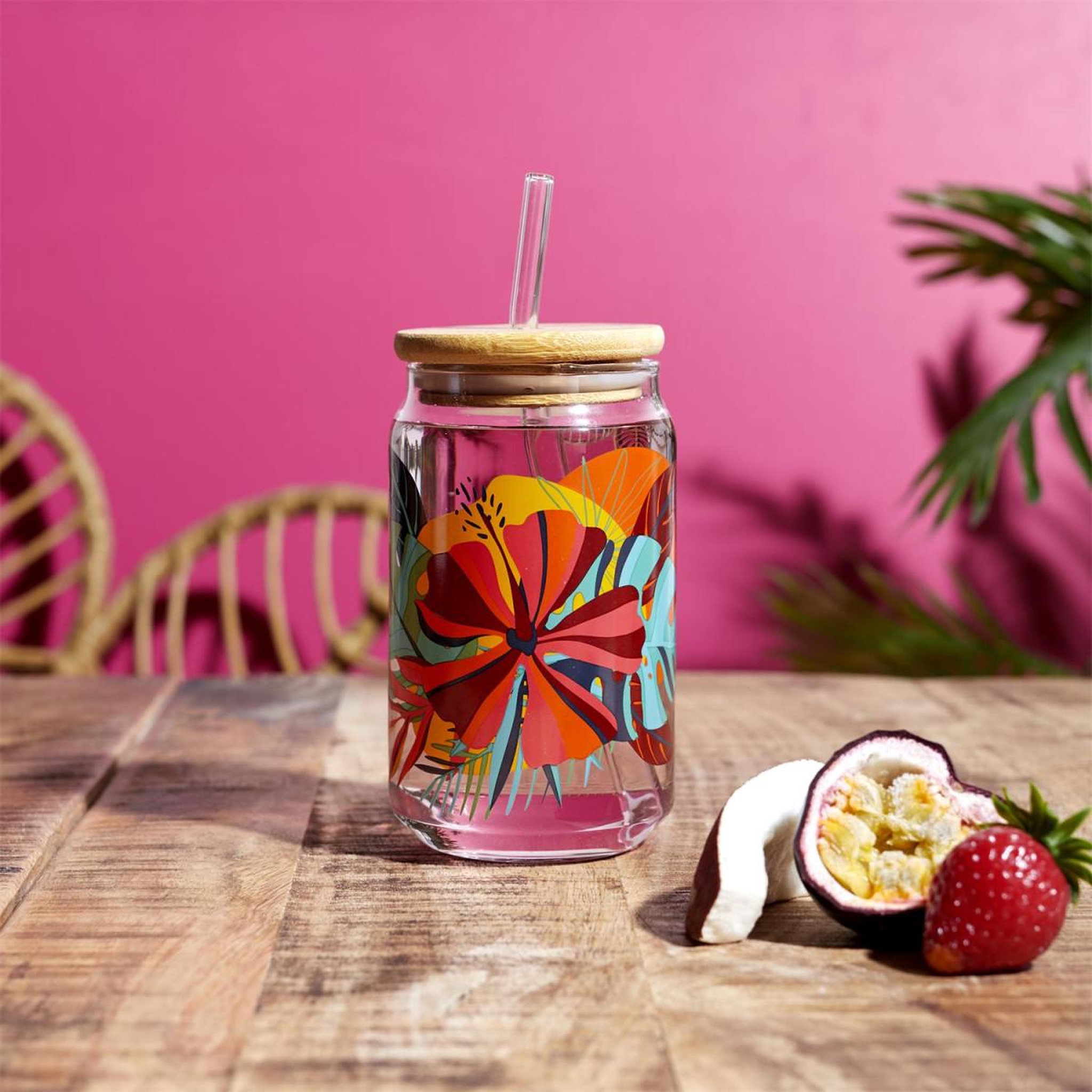 Voir la diapositive 2 : The Home Deco Factory Verre canette avec paille  paradis exotique  45cl multicolore