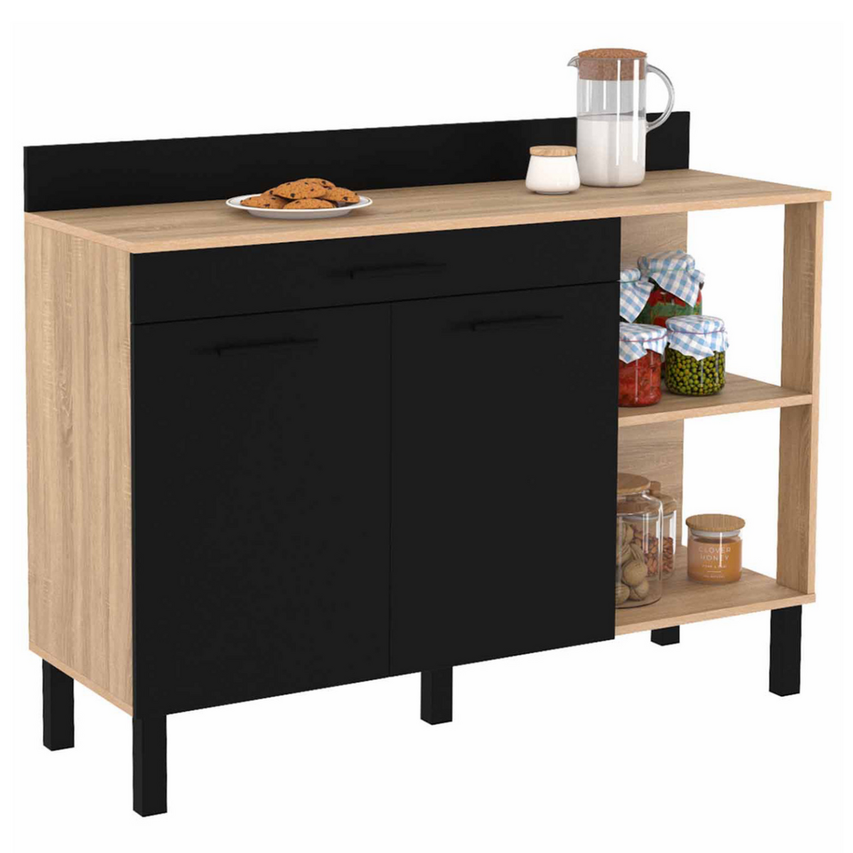 ID MARKET Buffet bas de cuisine 120 CM CINA plan de travail H.83 cm 2 portes + tiroir façon hêtre et noir