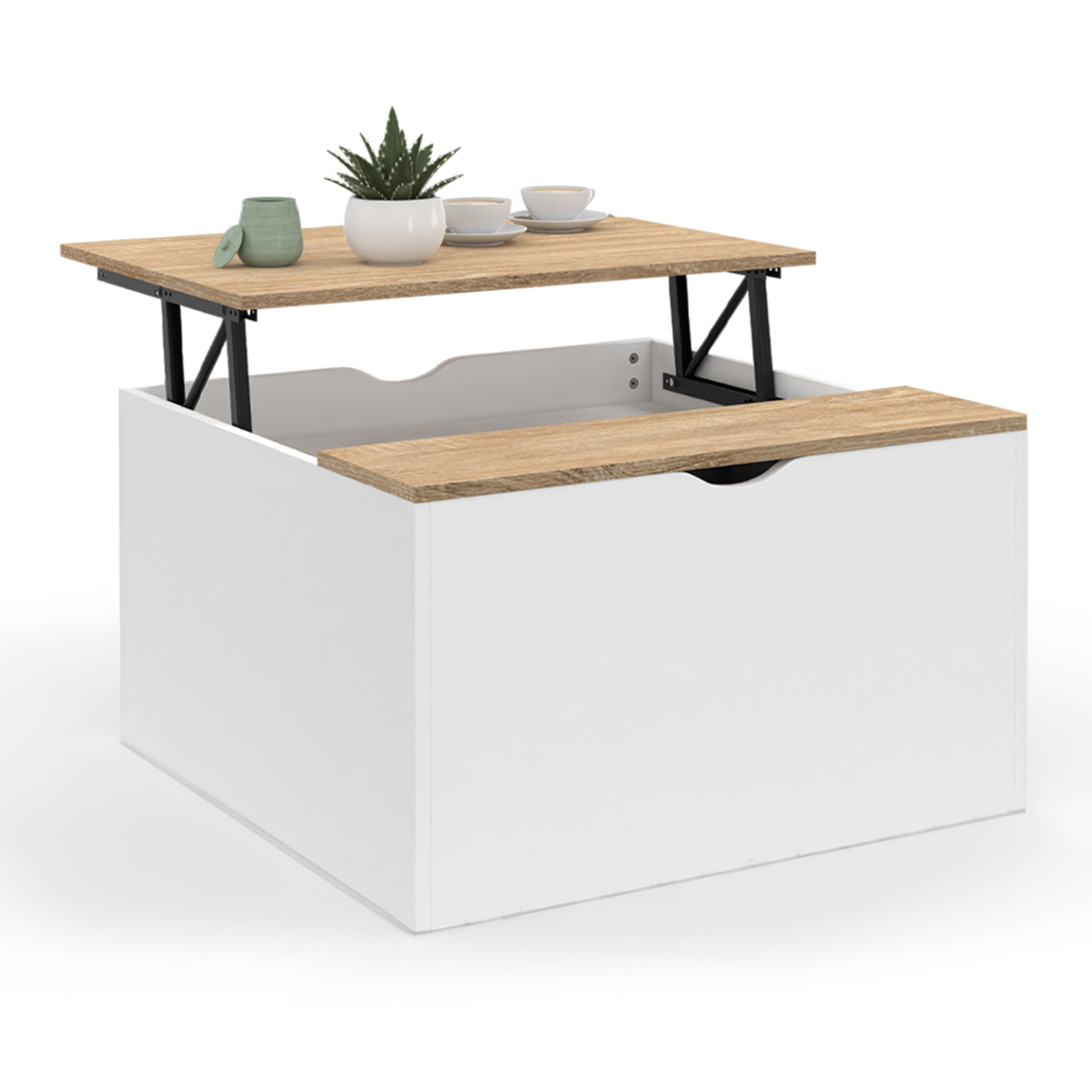 Voir la diapositive 5 : ID MARKET Table basse plateau relevable carrée elea avec coffre bois blanc et façon hêtre