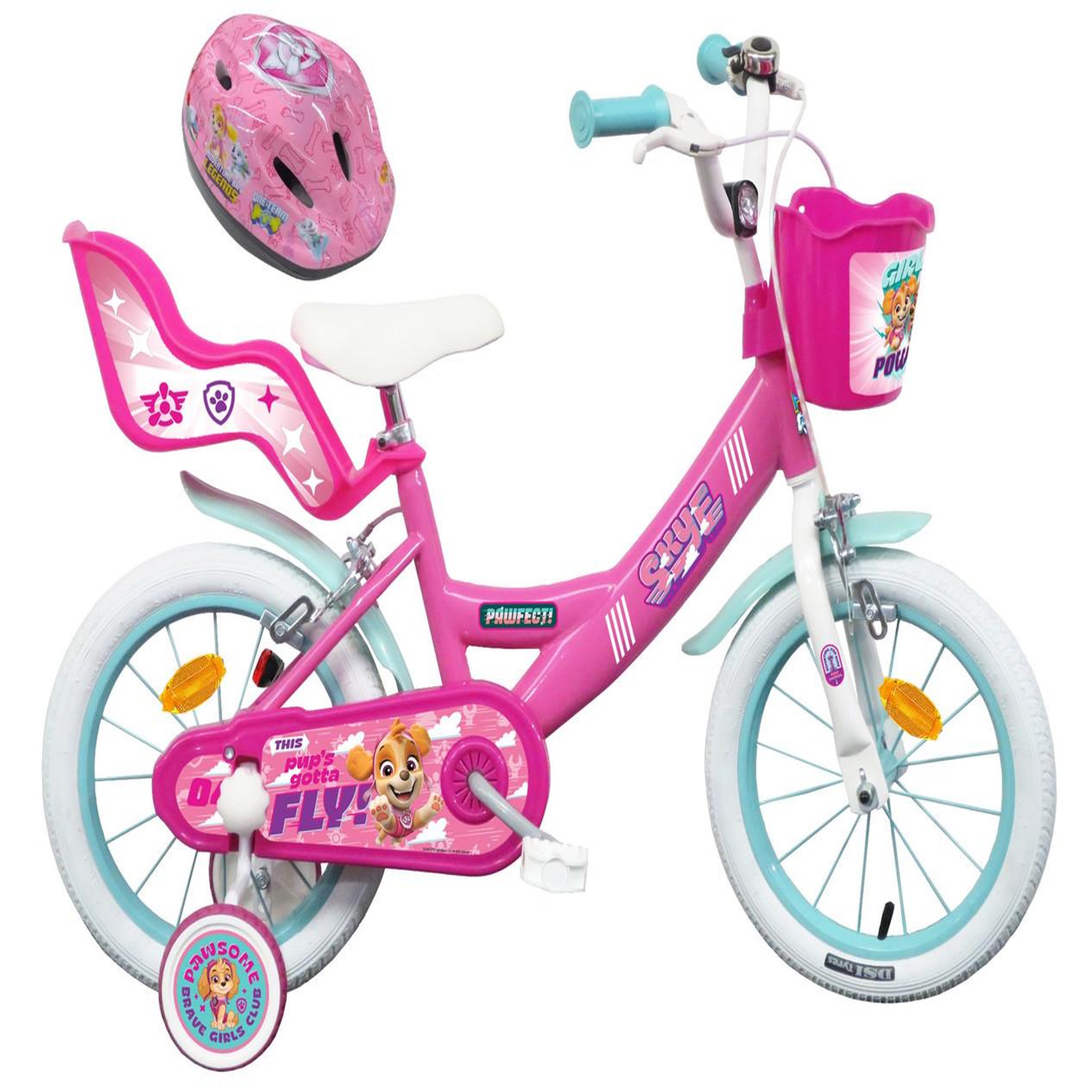 Nickelodeon Vélo enfant - Modèle 14'' Pat Patrouille à l'effigie de Stella + Casque pour enfant de 95/110 cm avec stabilisateurs - Panier avant - Porte poupée arrière - 2 freins