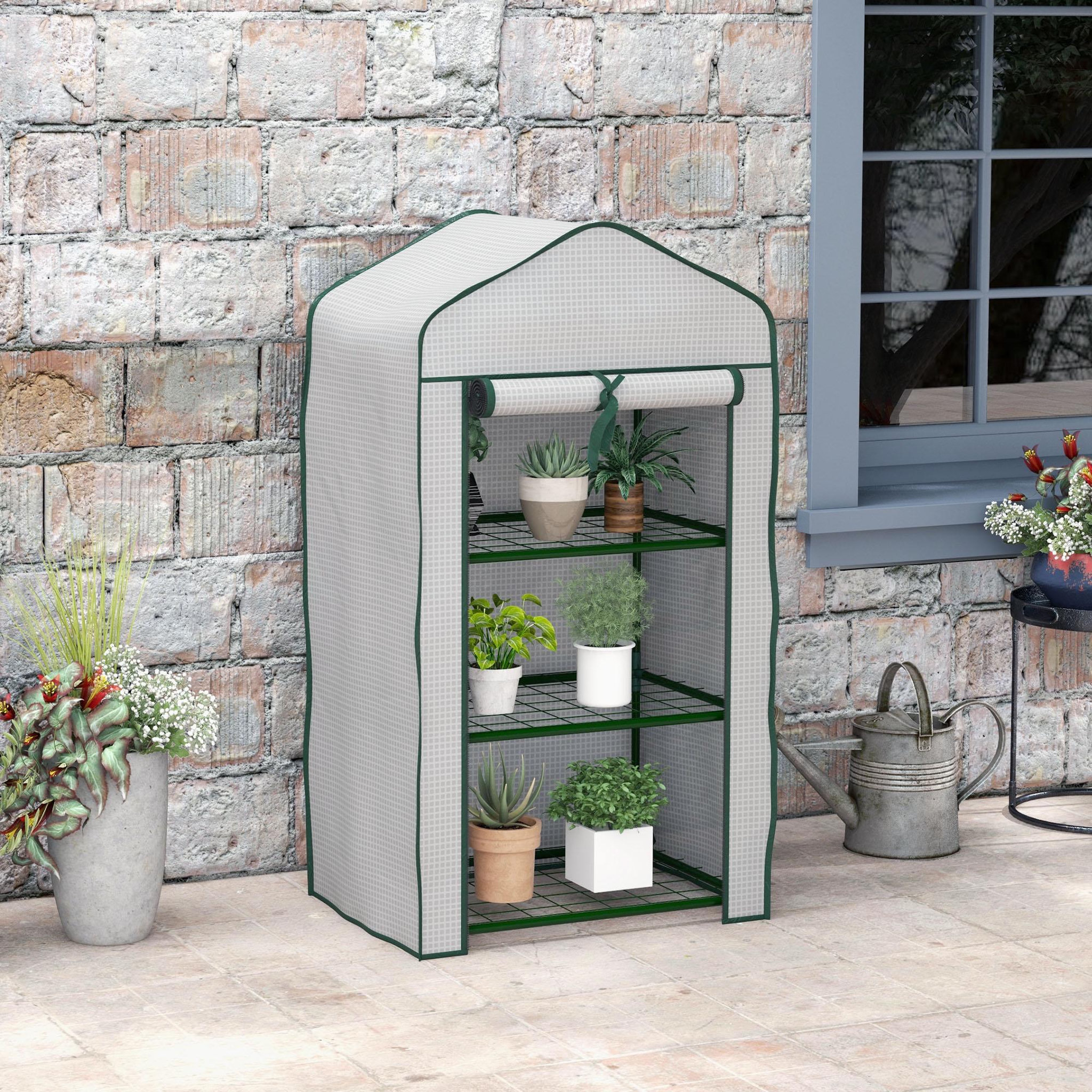 Voir la diapositive 2 : OUTSUNNY Serre de jardin balcon 3 niveaux métal thermolaqué vert pe blanc