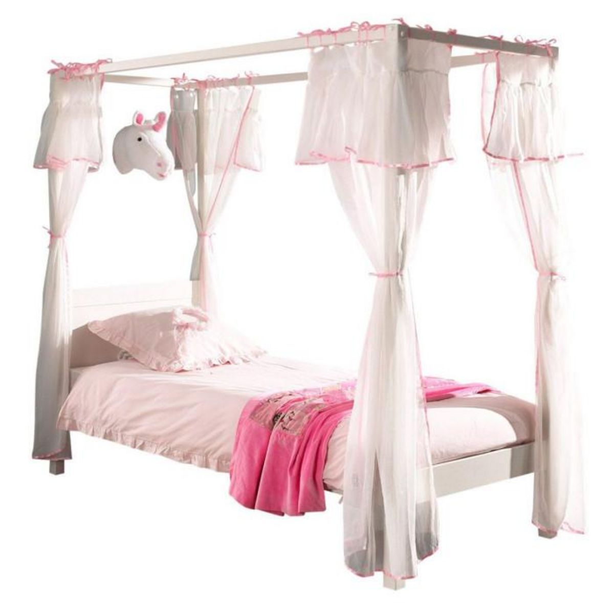 Paris Prix Lit Enfant à Baldaquin & Voile  Pino  90x200cm Blanc & Rose