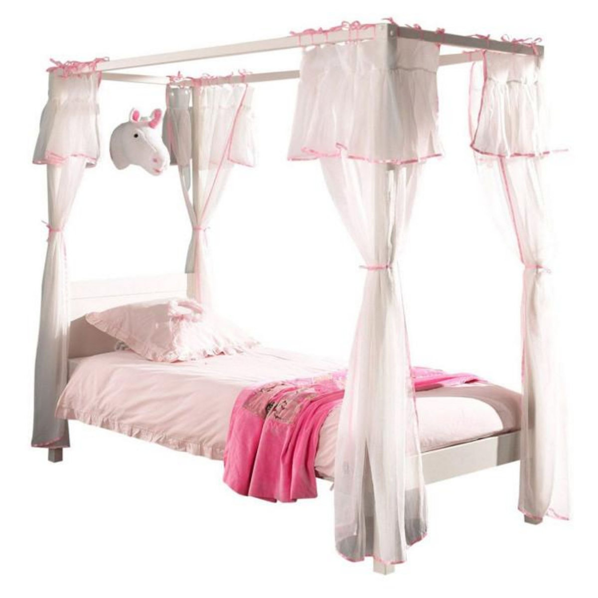 Paris Prix Lit Enfant à Baldaquin & Voile  Pino  90x200cm Blanc & Rose