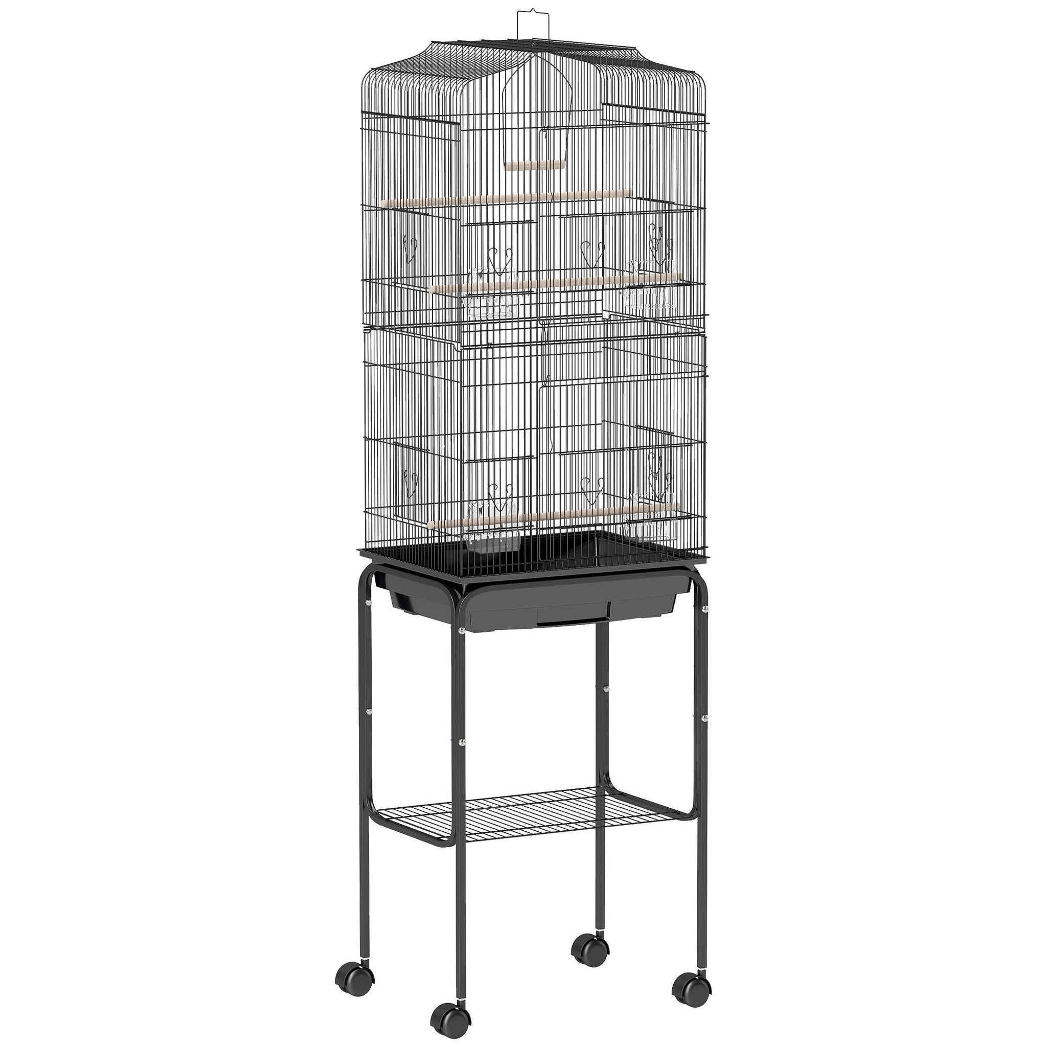 Voir la diapositive 1 : PAWHUT Cage à oiseaux sur pied volière mobile toit ouvrant 3 perchoirs étagère 46 x 36 x 157 cm