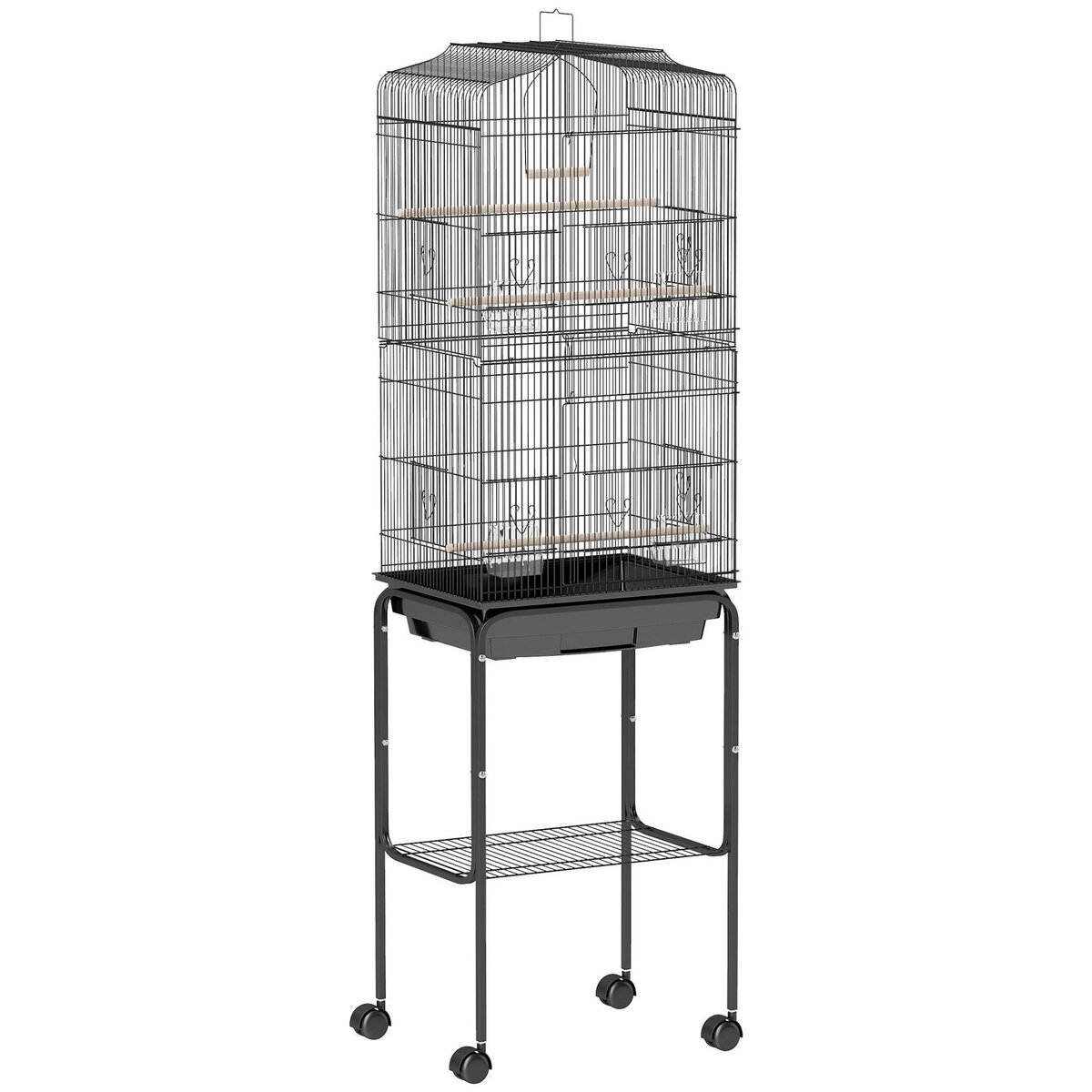PAWHUT Cage à oiseaux sur pied volière mobile toit ouvrant 3 perchoirs étagère 46 x 36 x 157 cm