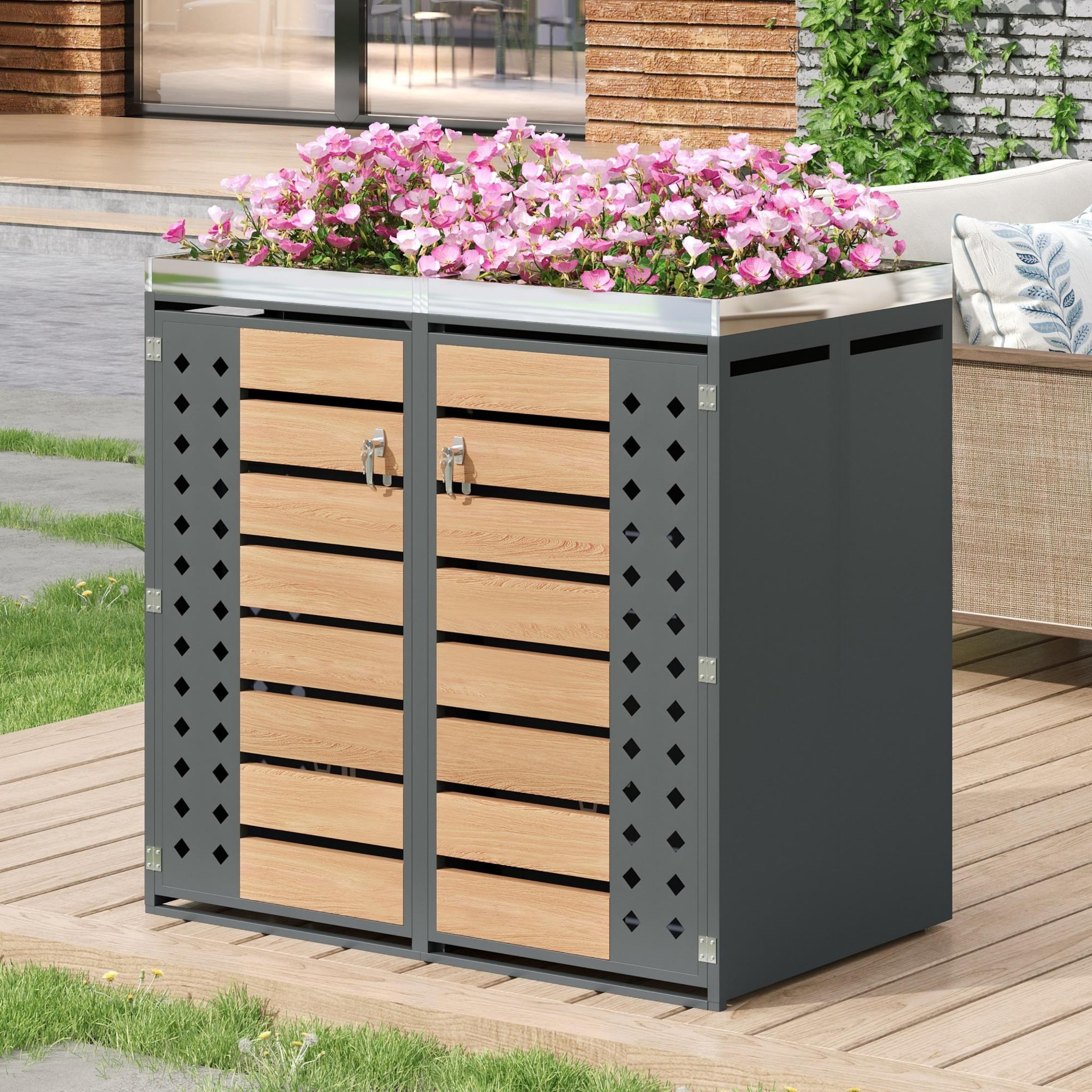 Voir la diapositive 5 : MERAX Cache Poubelle Extérieur 2 Bacs avec Verrouillage et Jardinière, Gris