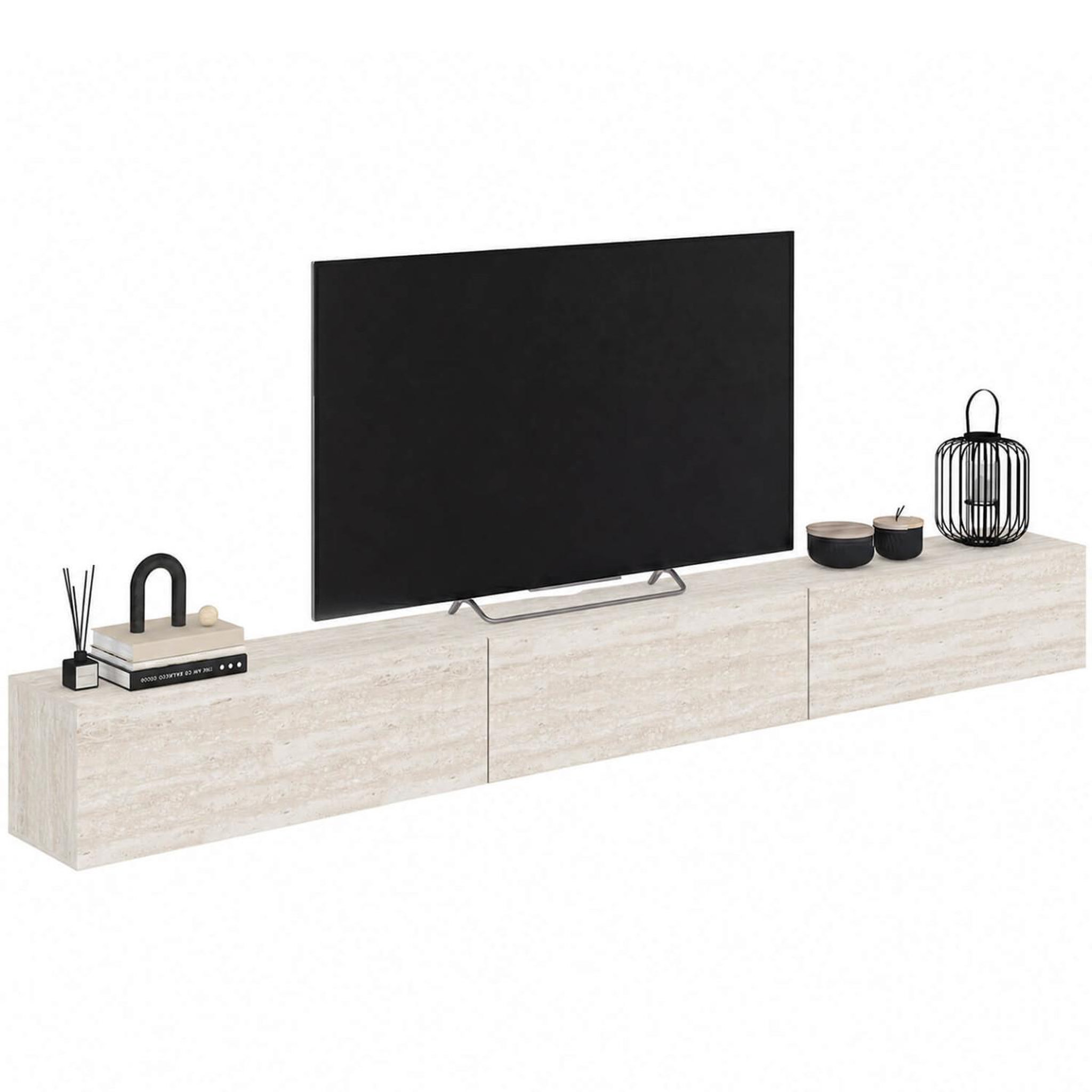 ID MARKET Meuble tv 270 cm suspendu elio 3 portes effet travertin