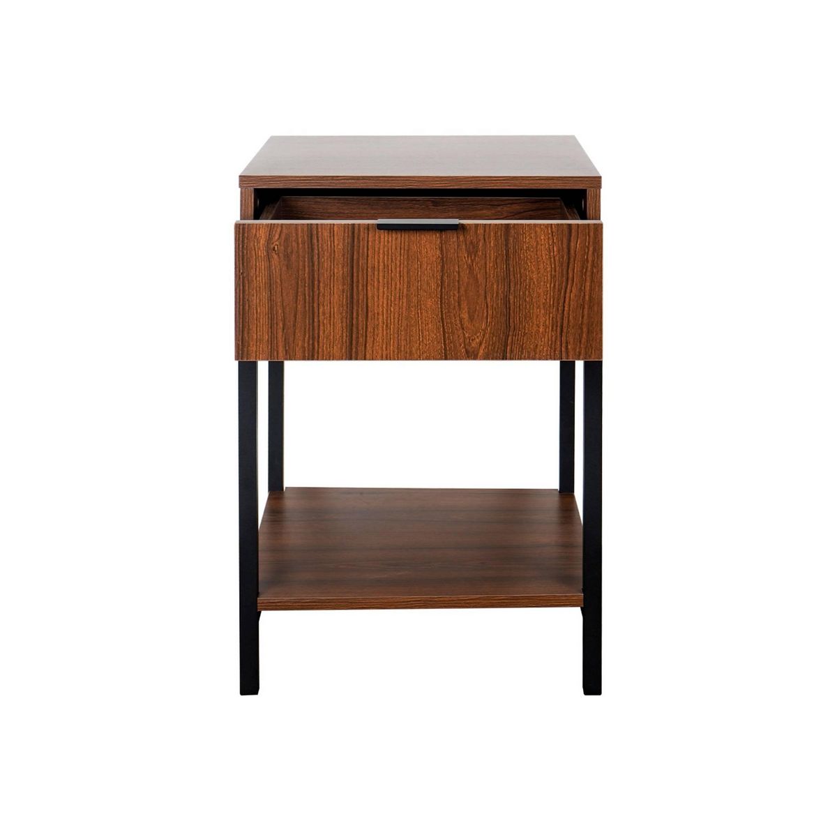 SWEEEK Lot de deux tables de chevet coloris noyer avec pieds et poignée en métal noir - 1 tiroir et 1 étagère