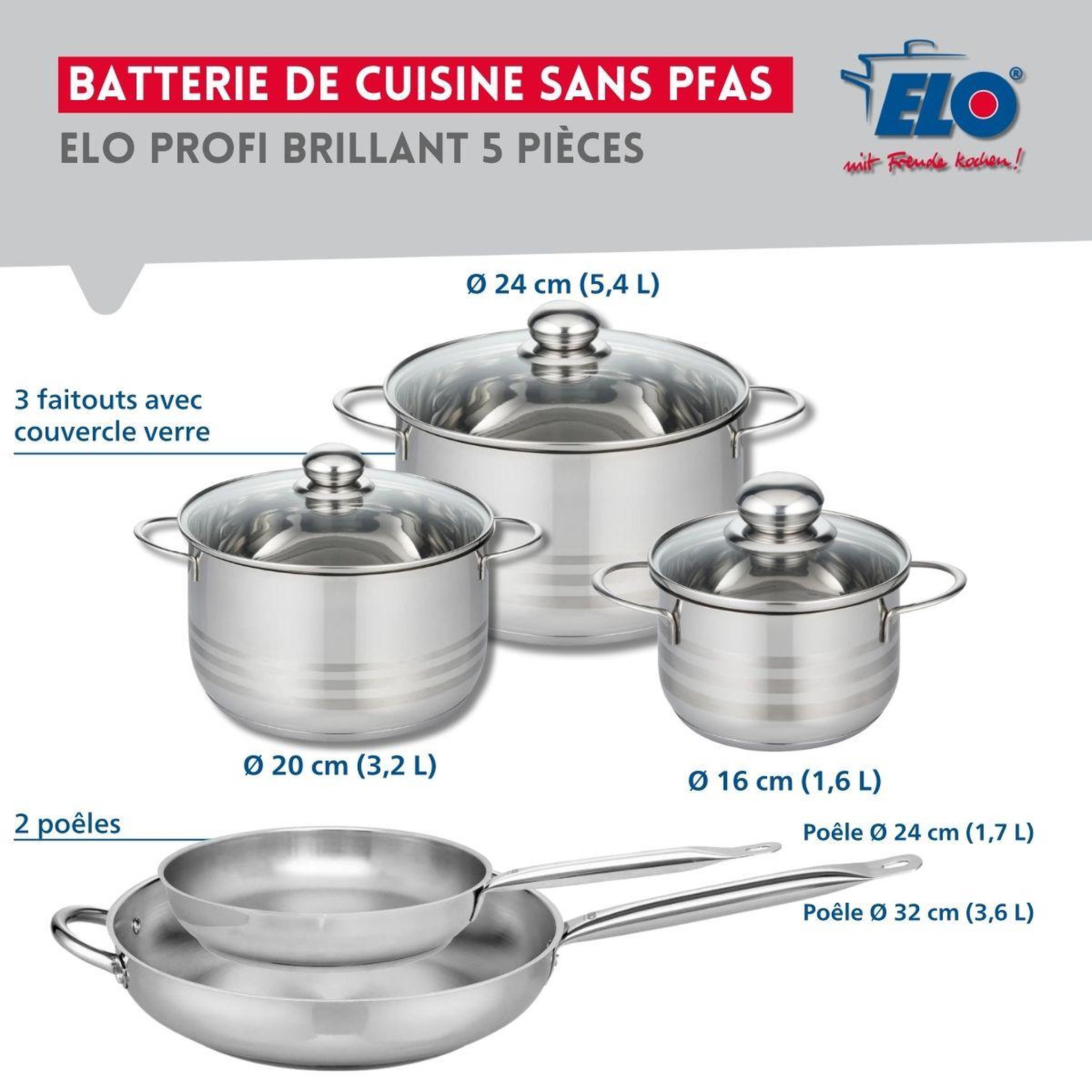 Voir la diapositive 2 : ELO Ensemble de 2 poêles de cuisson 24 et 32 cm et 3 faitouts 16, 20 et 24 cm elo profi brillant