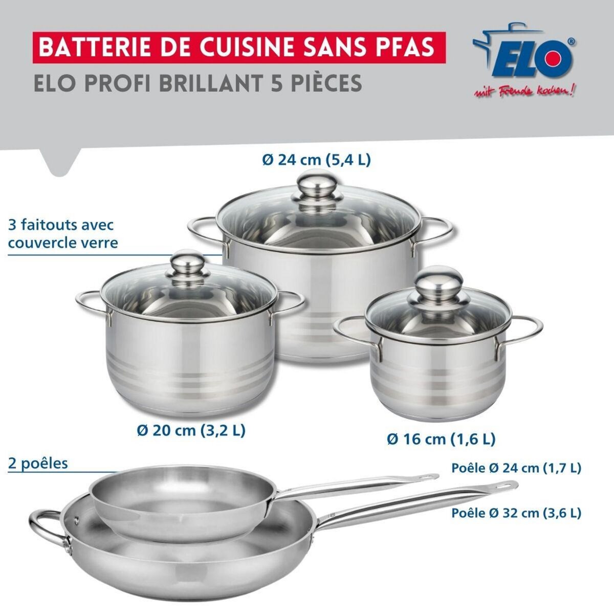 ELO Ensemble de 2 Poêles de cuisson 24 et 32 cm et 3 faitouts 16, 20 et 24 cm Elo Profi Brillant