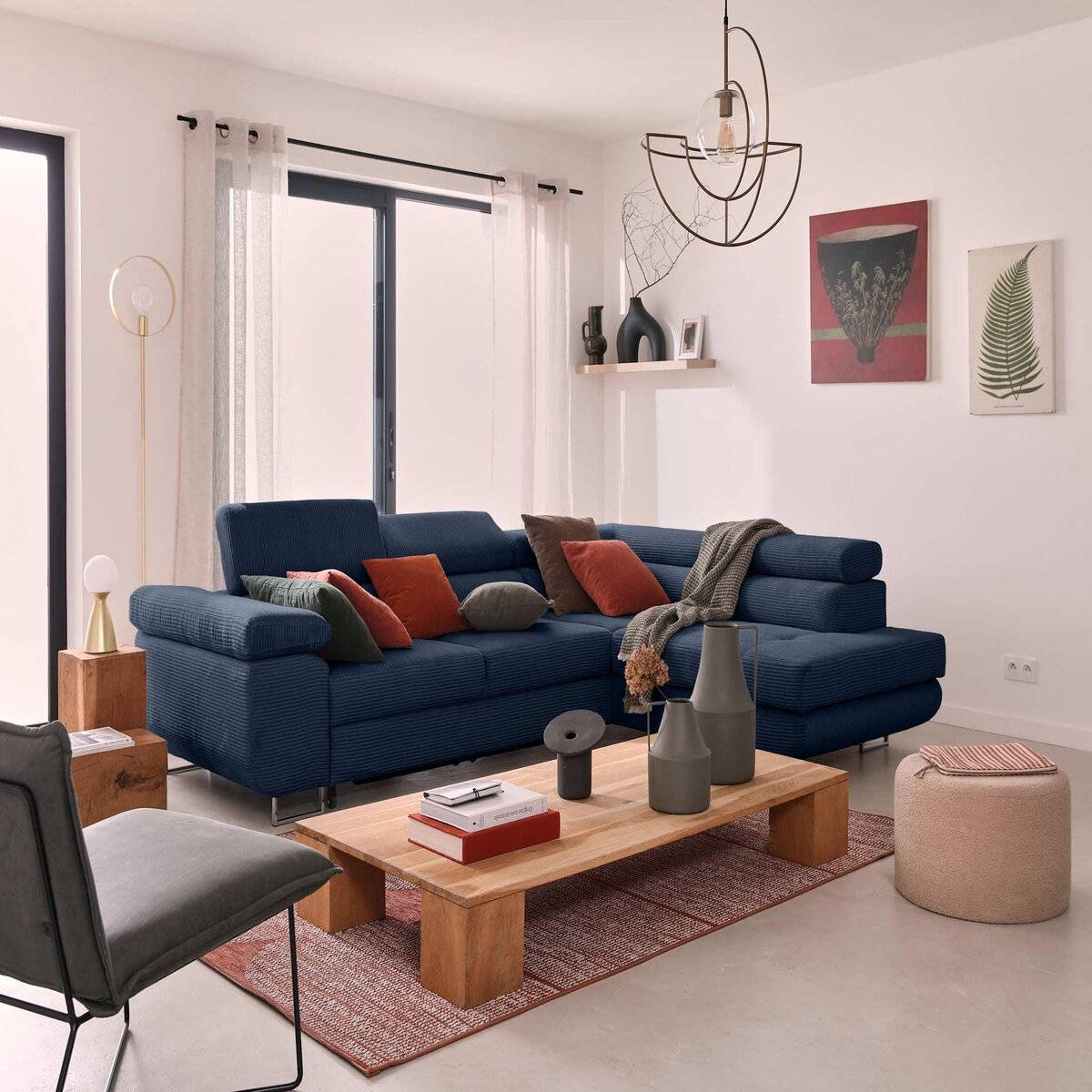 BEST MOBILIER Zaria - canapé d'angle droit - convertible avec coffre et têtières réglables - 5 places - en velours côtelé