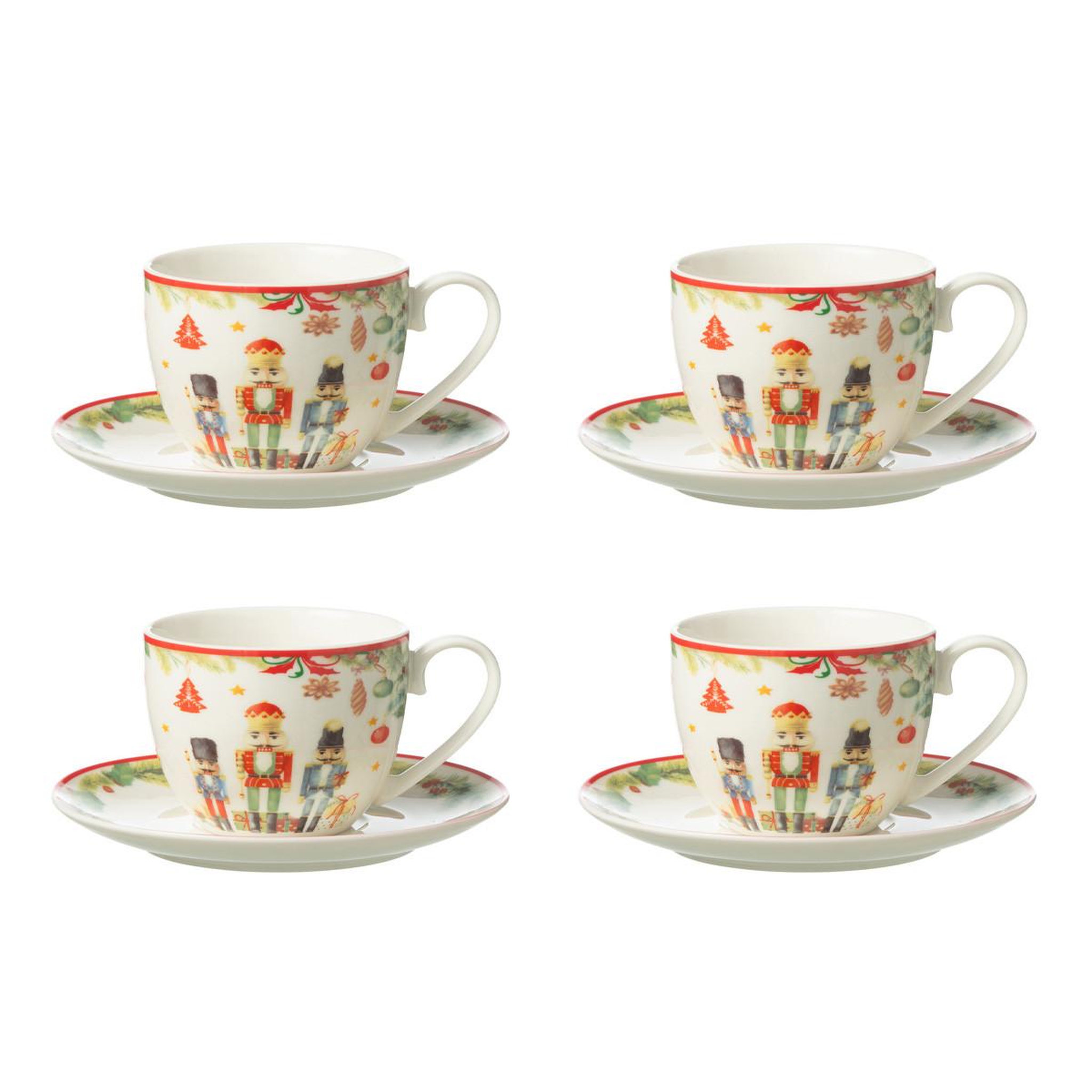 J-LINE Lot de 4 tasses à thé & sous-tasses  casse-noisette  22cl blanc