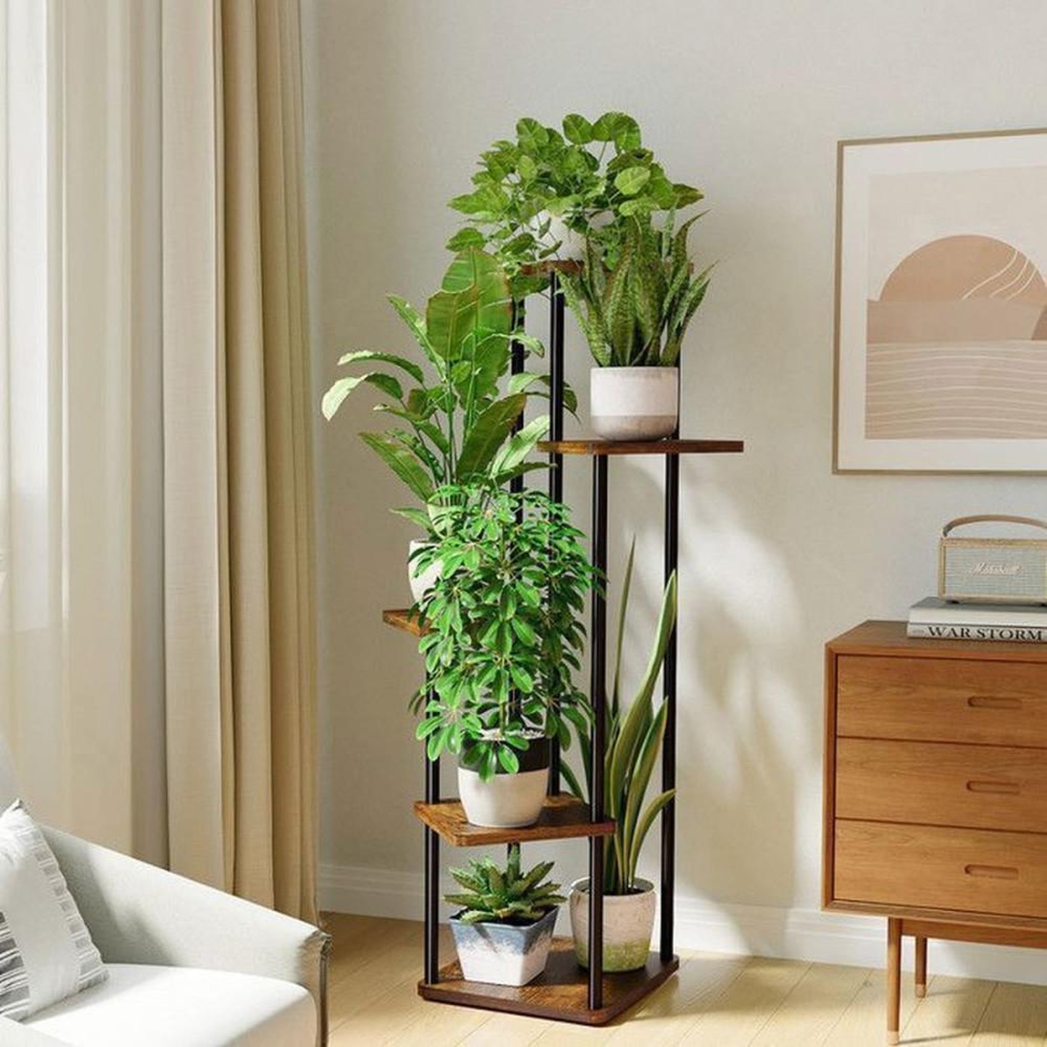 Voir la diapositive 2 : Présentoir à plantes 5 niveaux métal et MDF brun 30 x 30 cm, hauteur 106,7 cm, cadre noir, pour intérieur