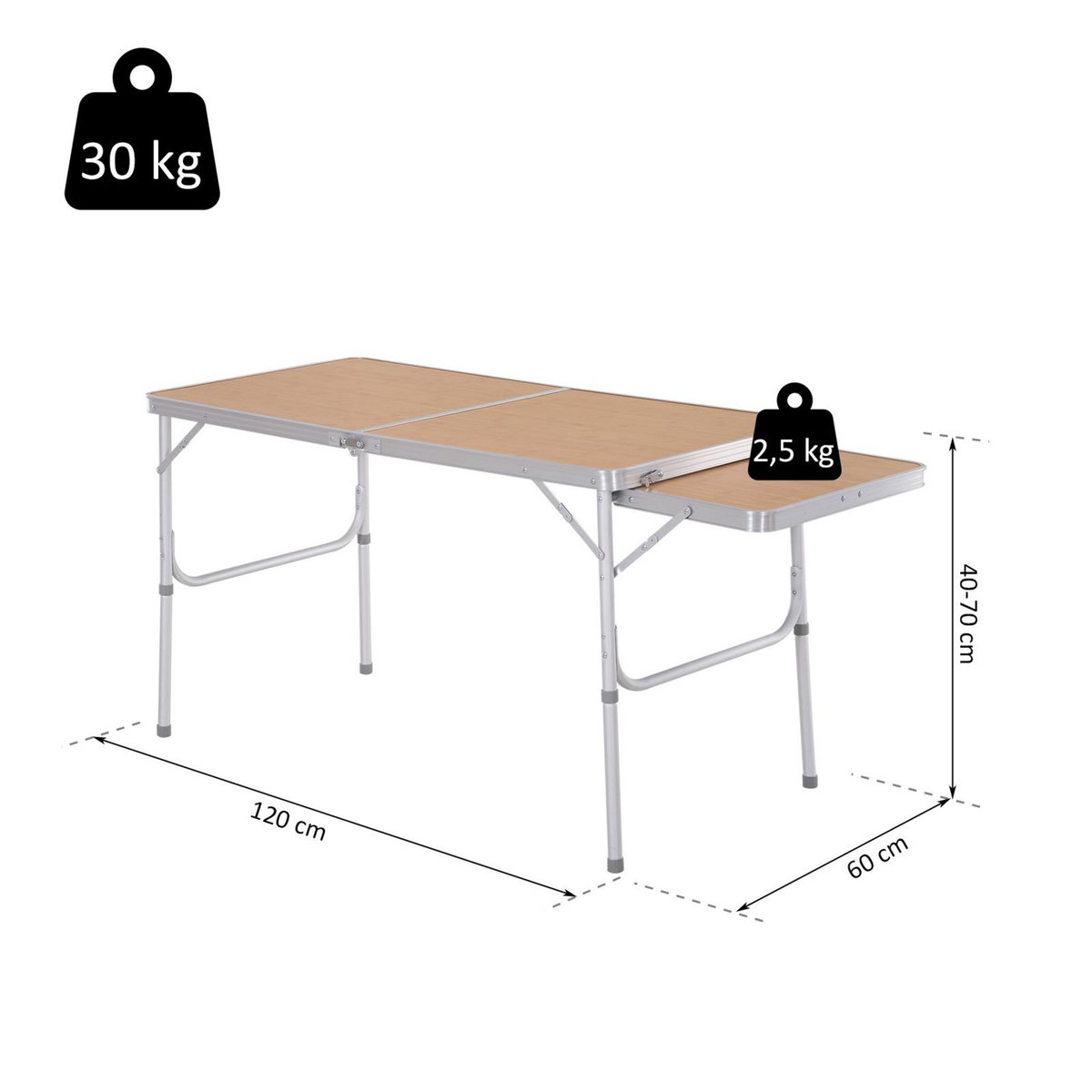 OUTSUNNY Table pliante table de camping table de jardin avec rallonge hauteur réglable aluminium MDF imitation bambou