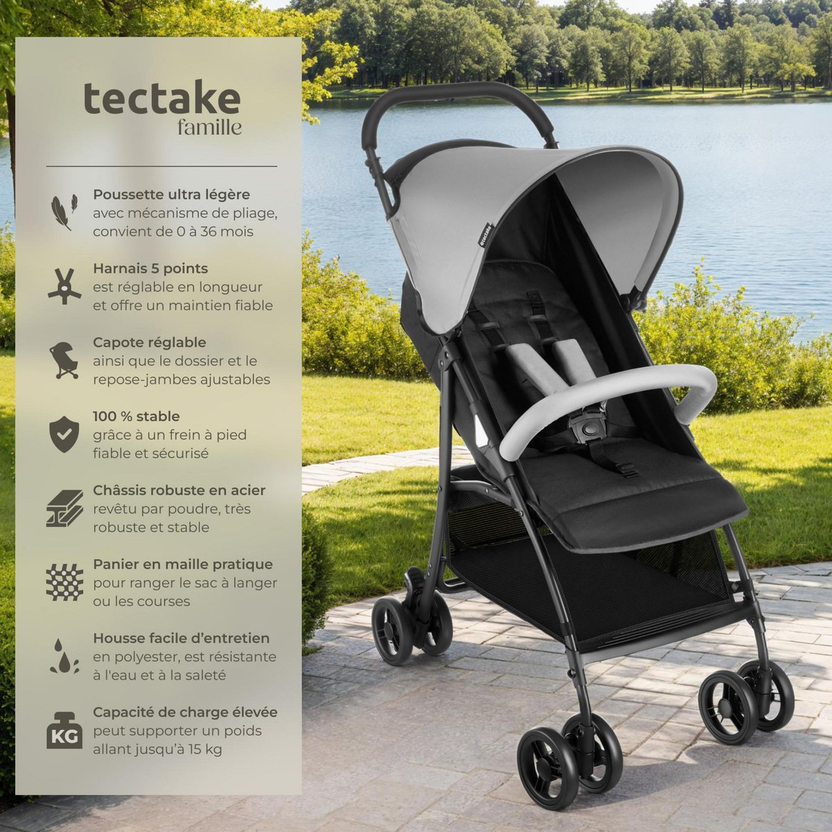 tectake Poussette pliable avec harnais à 5 points noir/gris