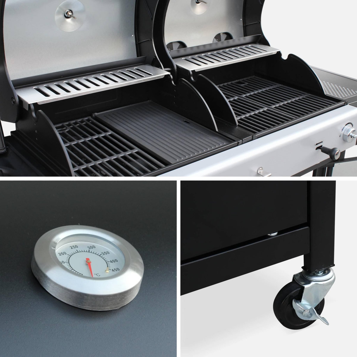 SWEEEK Barbecue 2 en 1 gaz et charbon. 3 brûleurs + 1 feu latéral. grill et fumoir avec tablettes et housse