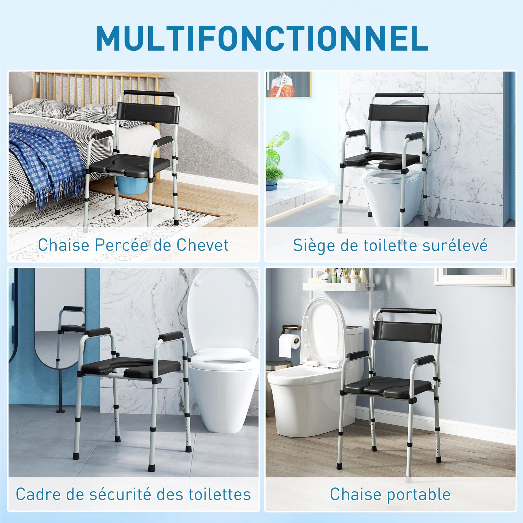 Voir la diapositive 4 : HOMCOM Chaise percée toilette pliable hauteur réglable - seau amovible - siège, accoudoirs rembourrés - max. 150 Kg - acier gris noir