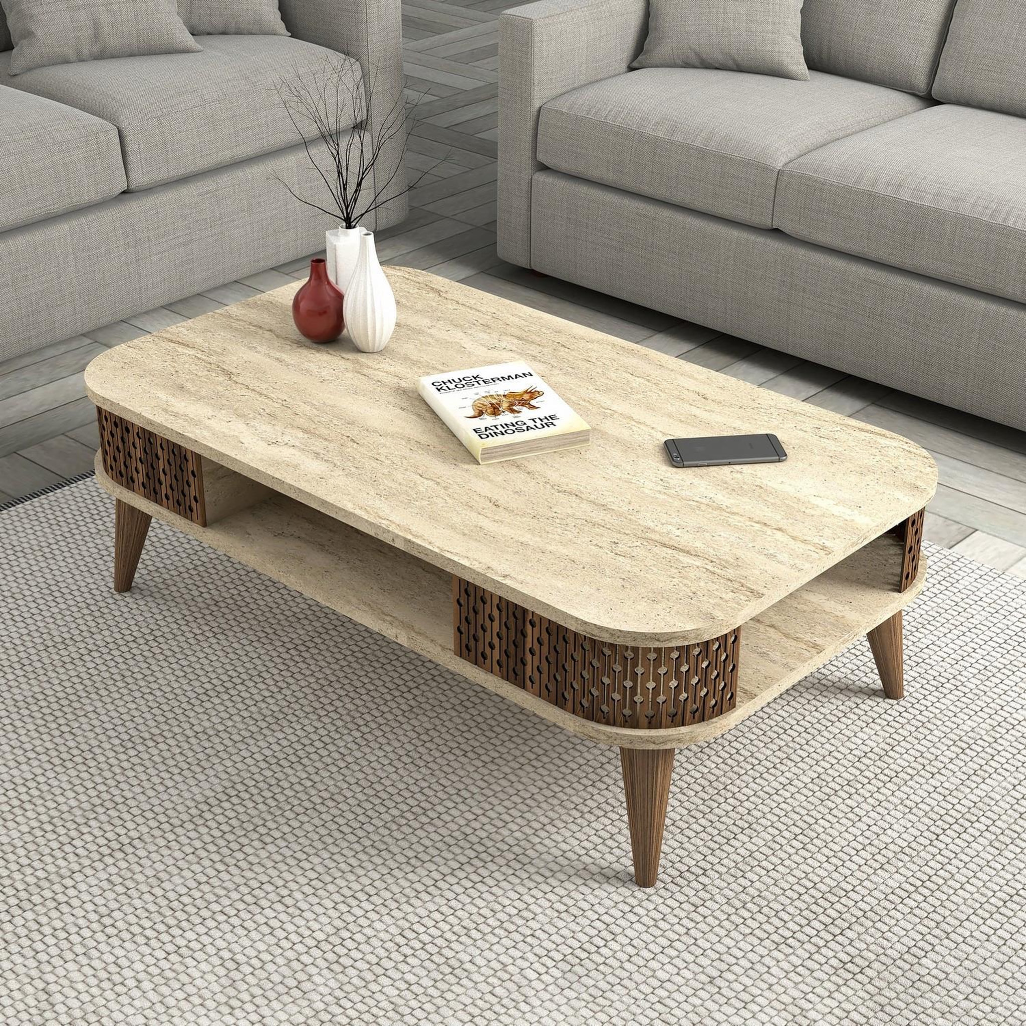Voir la diapositive 4 : Habitat et Jardin Table basse en bois  eylul  - 105 x 60 x 35 cm - travertin