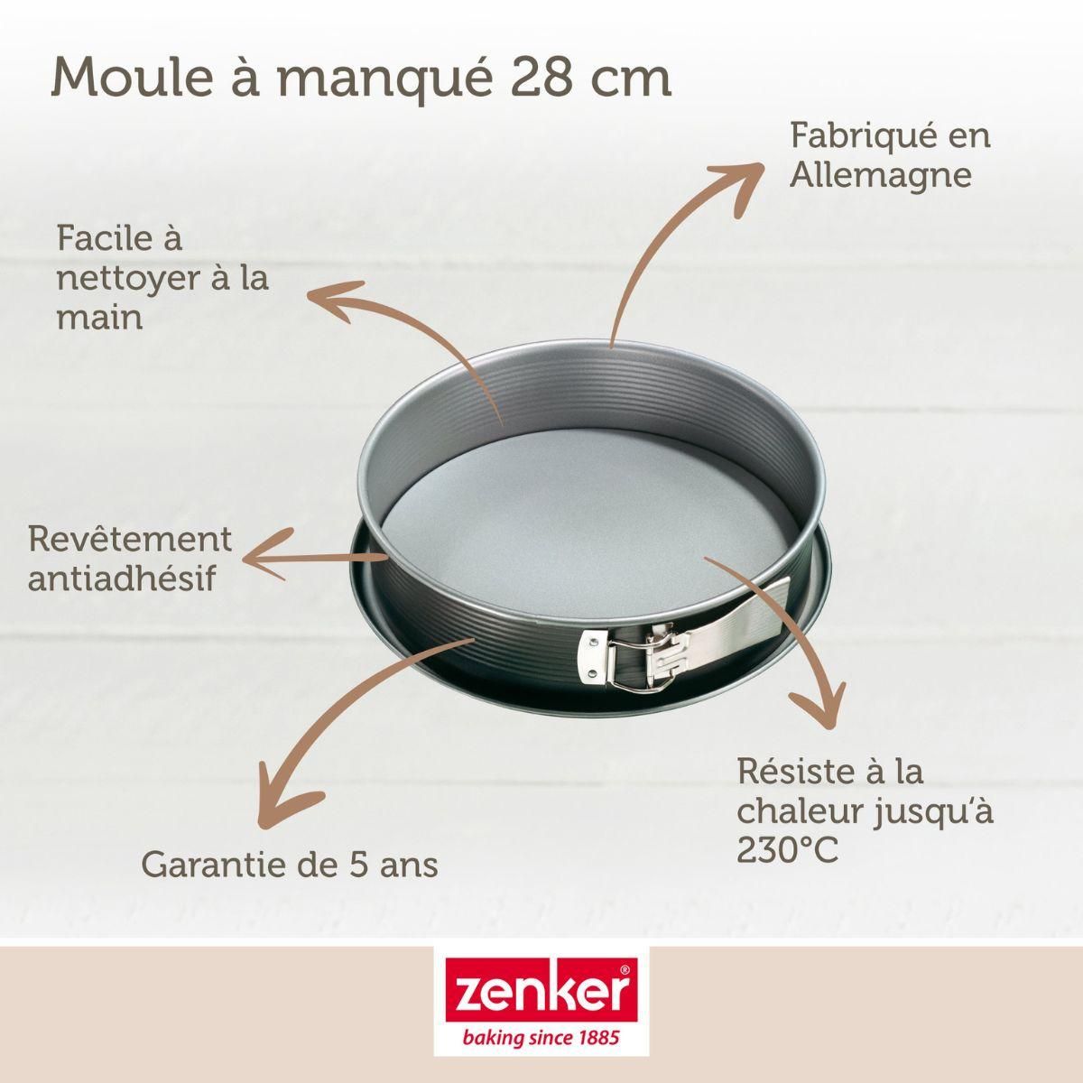 ZENKER Set à pâtisserie avec 1 Moule à charnière rond 28 cm à fond plat, 1 spatule Zenker et 2 bols à mixer en inox Fackelmann